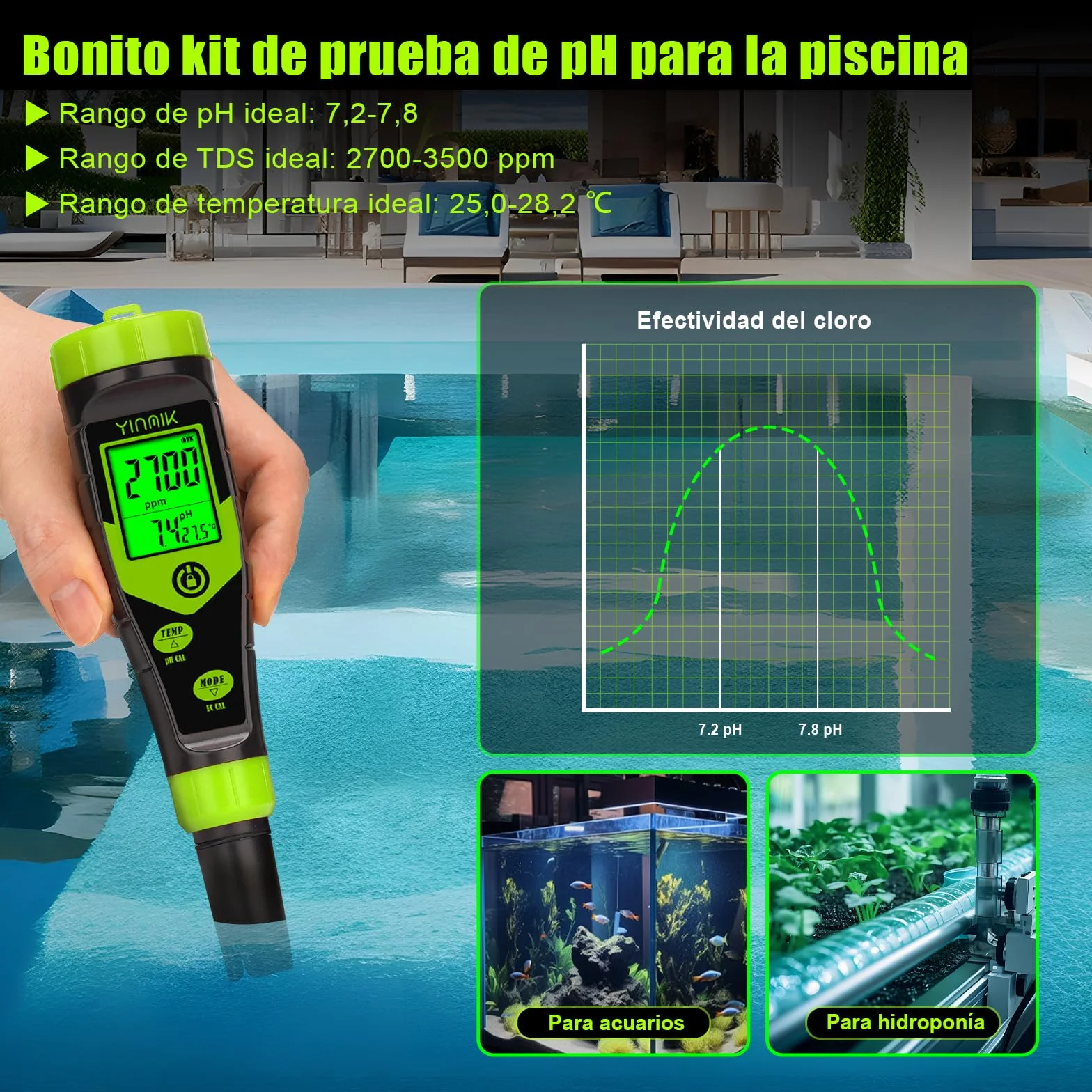 YINMIK Medidor de pH y TDS Digital 4 en 1, Probador de pH PPM Conductividad con Solución de Calibración para Piscina Agua Potable