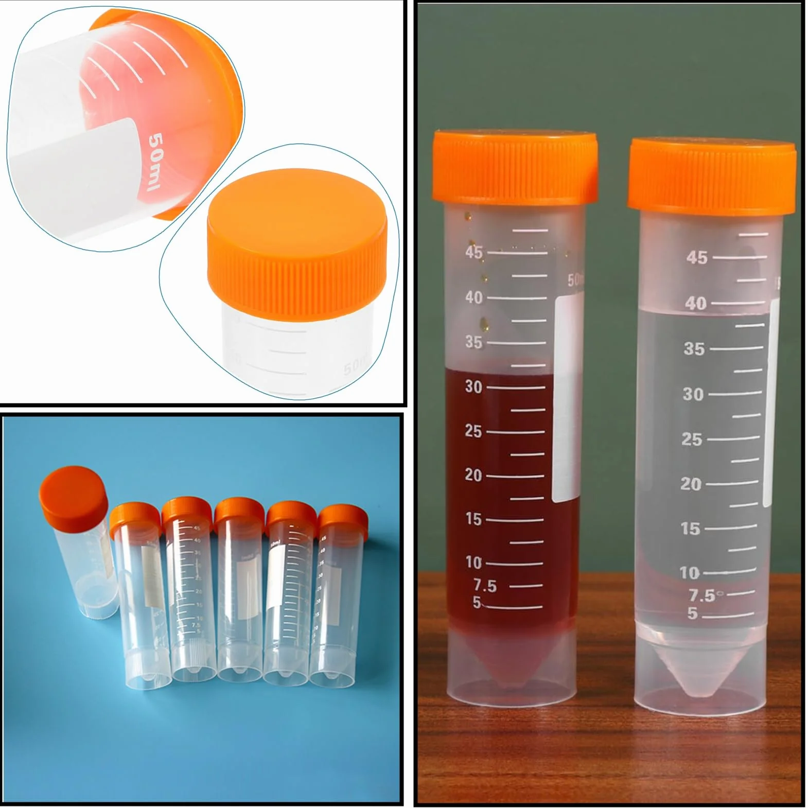 Tubo de ensayo de plástico 50 ml, transparente con tapa naranja, fondo cónico/plano, graduado para experimentos de química