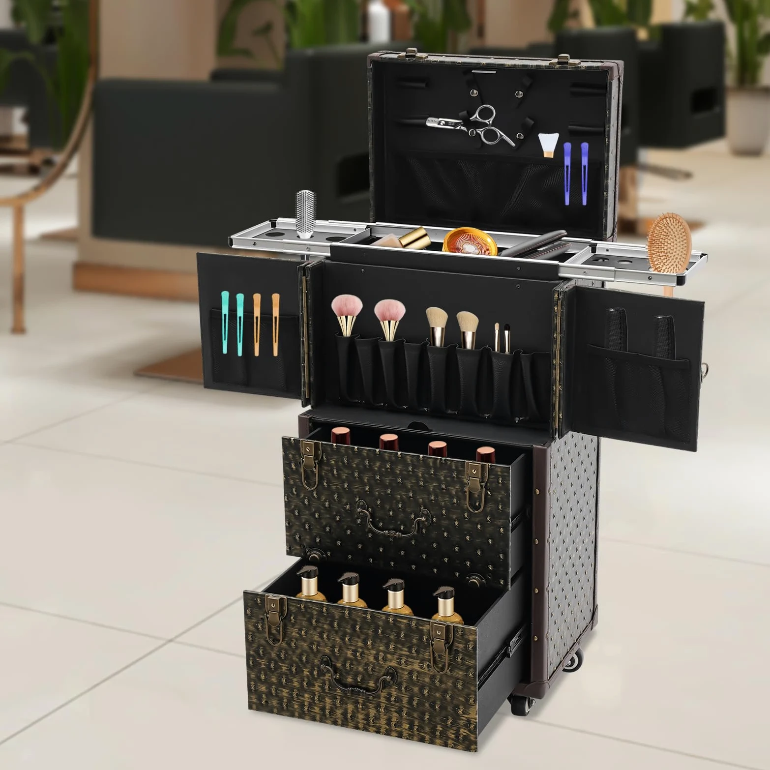 Equipaje Cosmético Tren Cosmético Equipaje de Salón de Belleza, Estuche de Tren de Maquillaje con Ruedas y Cerradura Carrito de Peluquería Estilista Salón de Belleza Equipaje Cos
