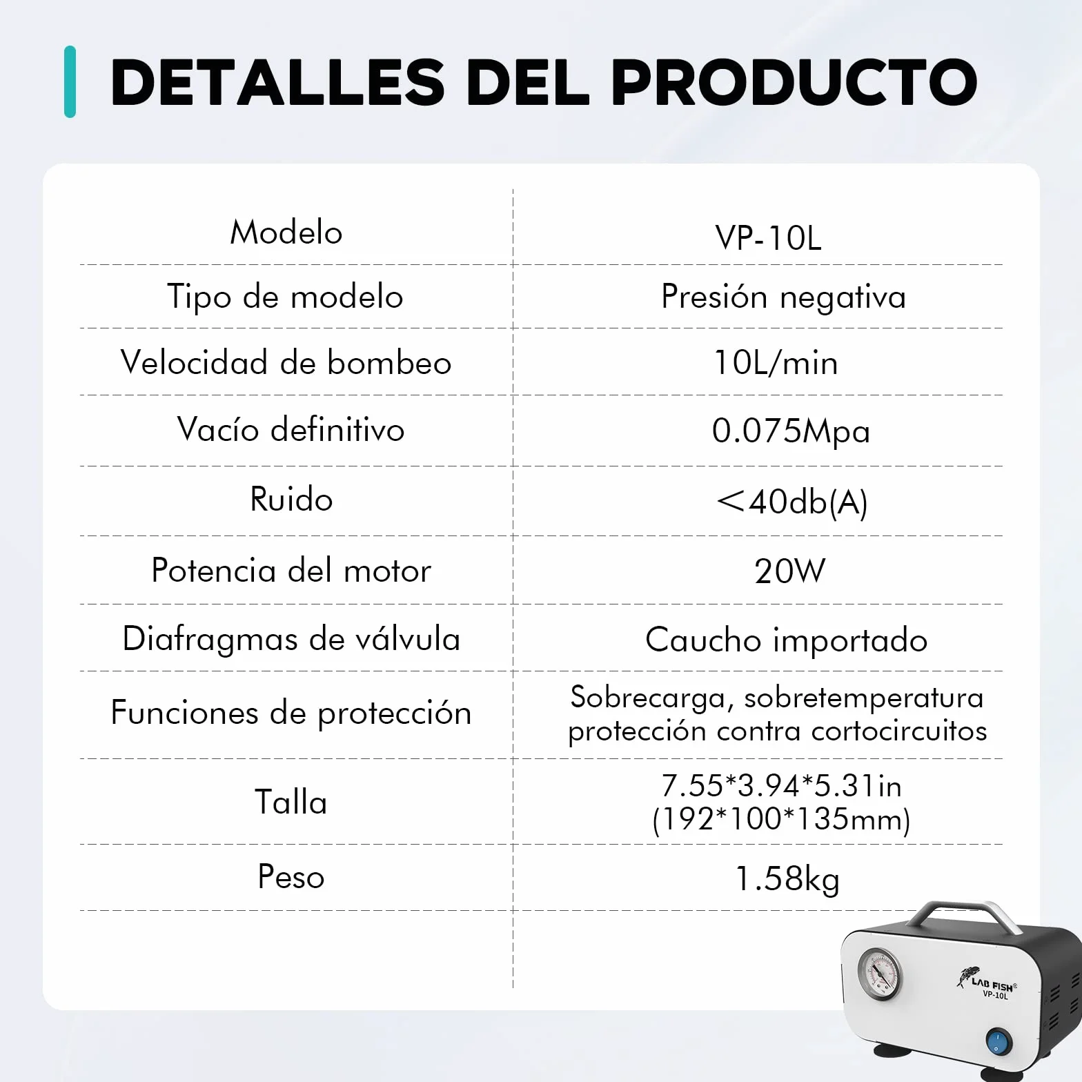 LAB FISH VP-10L Bomba de Vacío Portátil sin Aceite, 10L/min 0,075Mpa Laboratorio
