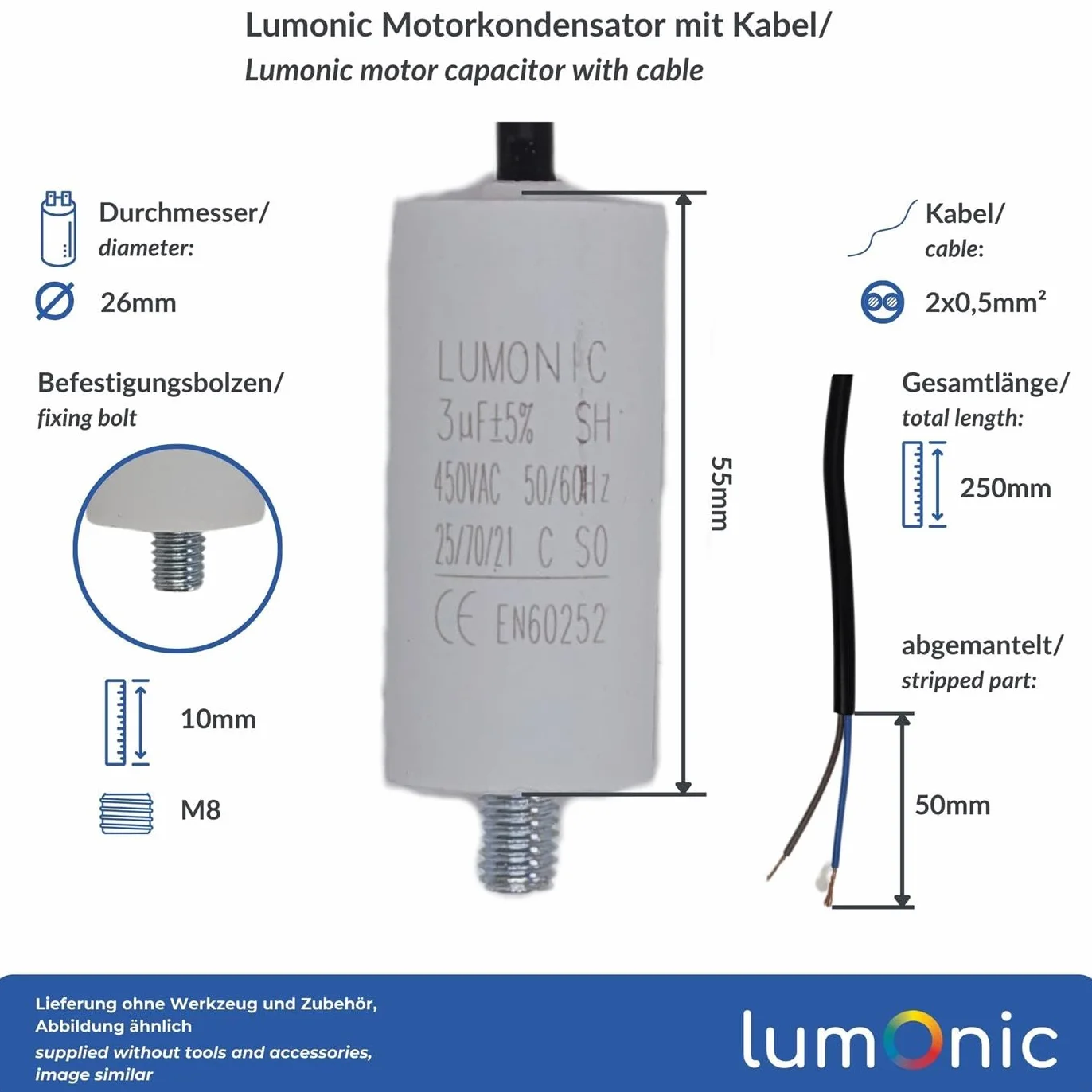 Lumonic Condensador de arranque 3µF 450V 26x55mm para bombas, cortacéspedes, herramientas
