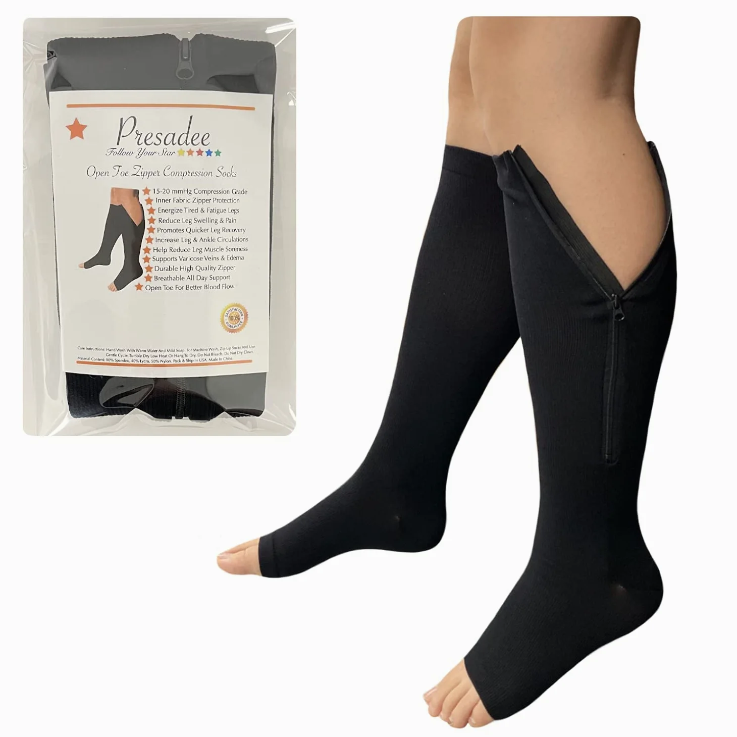 Presadee - Calcetines de compresión para pantorrilla y pantorrilla (15-20 mmHg), XXL, Negro