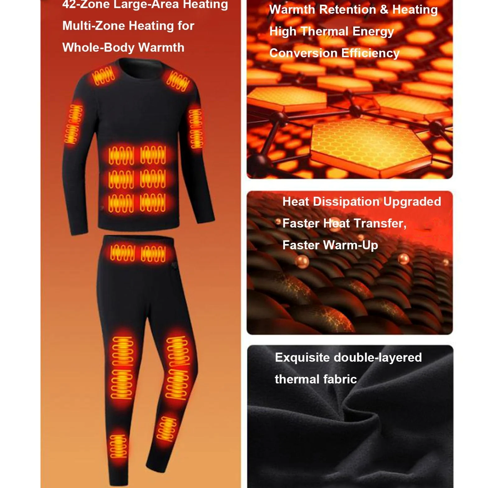 Conjunto de Ropa Interior Térmica Calefactables, Conjunto de Ropa Interior Térmica Elástica, 42 Zonas de Calentamiento, 3 Controles de Temperatura, para Esquí, Motos, Caza