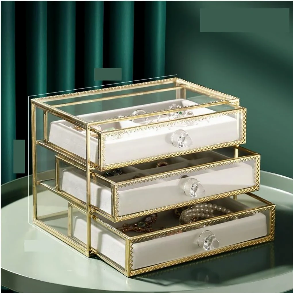 Joyero Organizador de joyas Joyero de vidrio con 3 cajones Caja organizadora de joyas de latón Decoración para anillos Collar Pendientes Caja de almacenamiento Accesorios de dormitorio para damas (Co