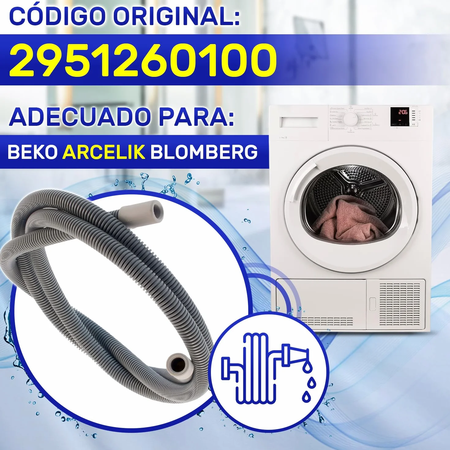 Tubo Desagüe Secadora Beko 1,6 m Original 2951260100 - MONTERAL
