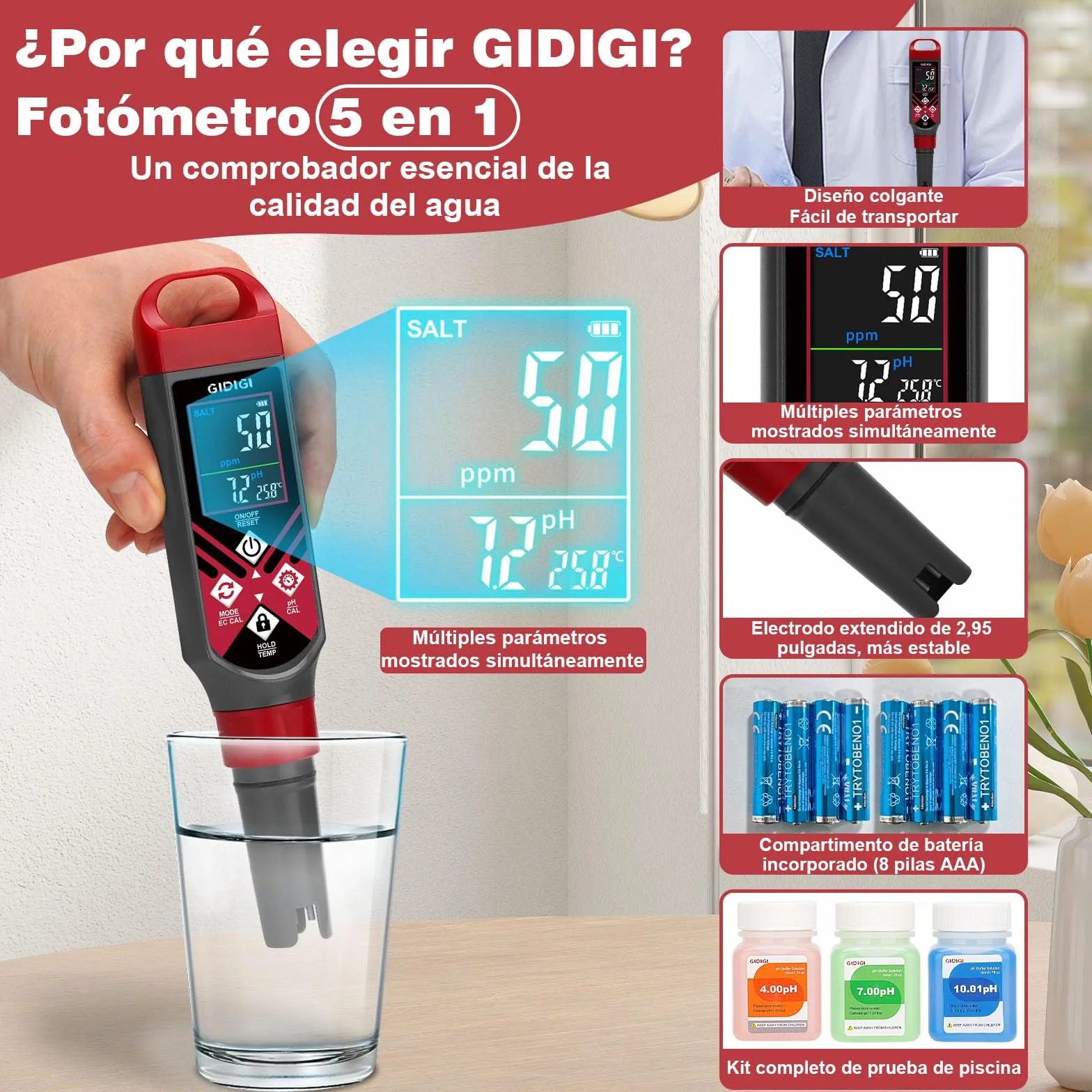 Medidor Digital 5 en 1 Salinidad pH EC TDS con Pantalla Color y Solución Calibración para Piscinas Agua Salada Acuarios Hidroponía