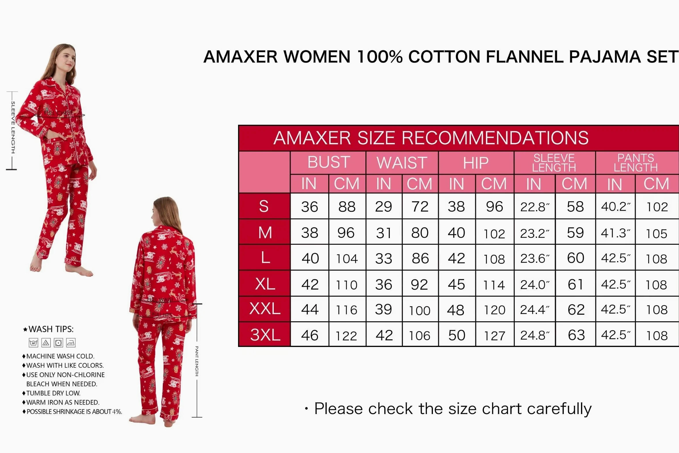 amaxer Conjunto de pijama de franela para mujer, 100% algodón, suave, de Navidad, para mujer, pijama de manga larga, con botones, ropa de dormir cálida