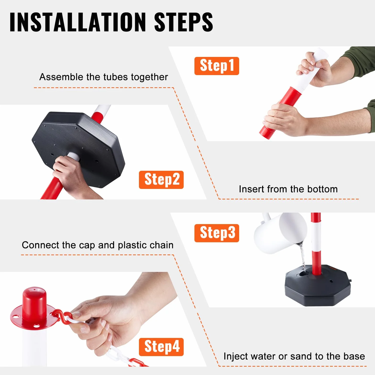 VEVOR Poste de Tráfico 2 Piezas, Cono Altura Ajustable con Cadena 2,4 m, Rojo y Blanco