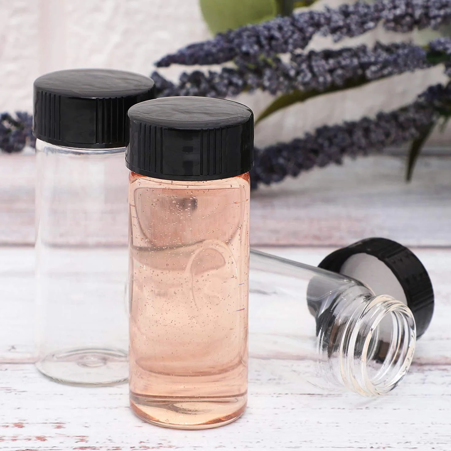 Botellas de Vidrio 20ml 2/3 Oz, Viales de Laboratorio con Tapa Negra, Transparente 20 Piezas