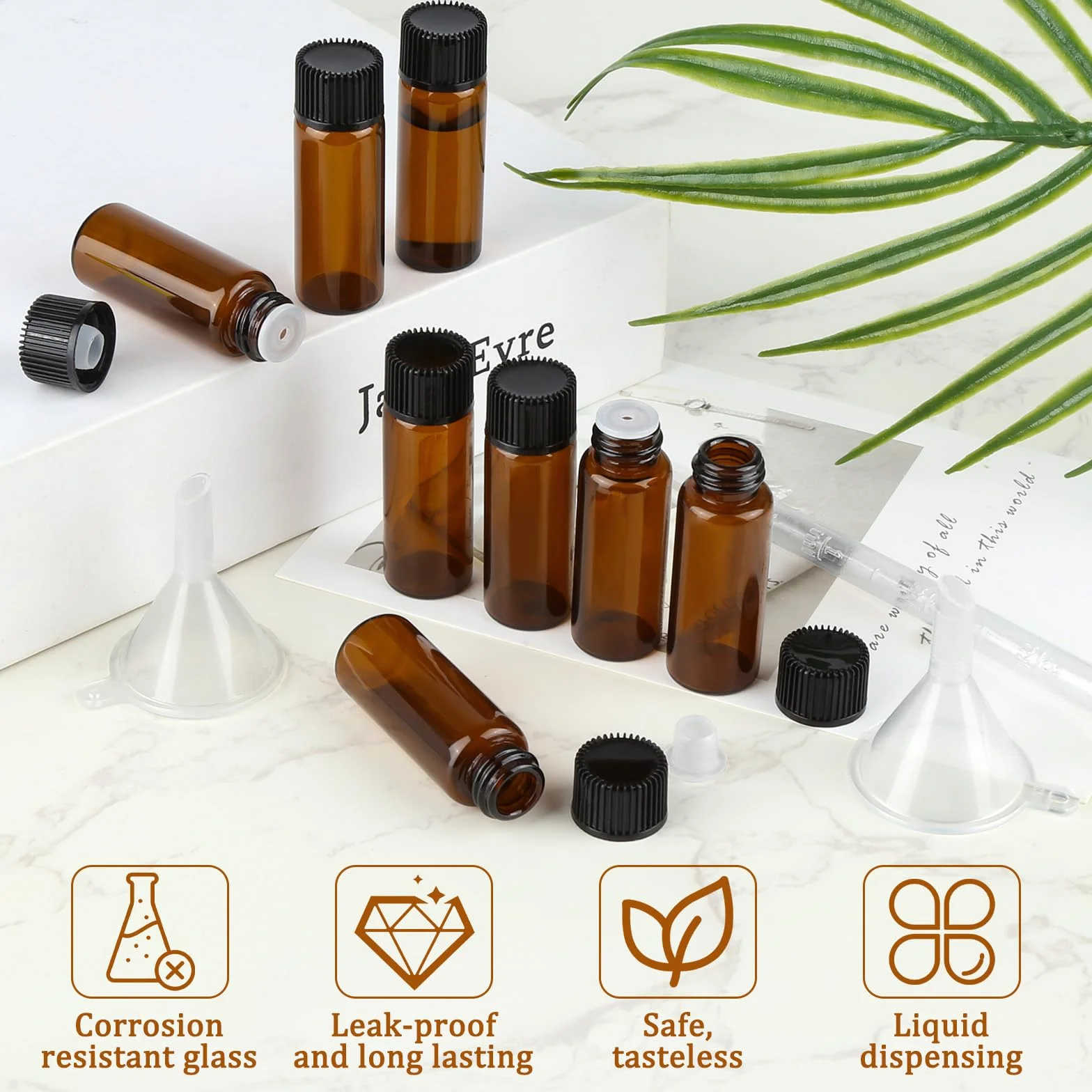 30 Pcs Mini Botellas Aceites Esenciales 5ml Vidrio Ámbar Rellenables con Gotero