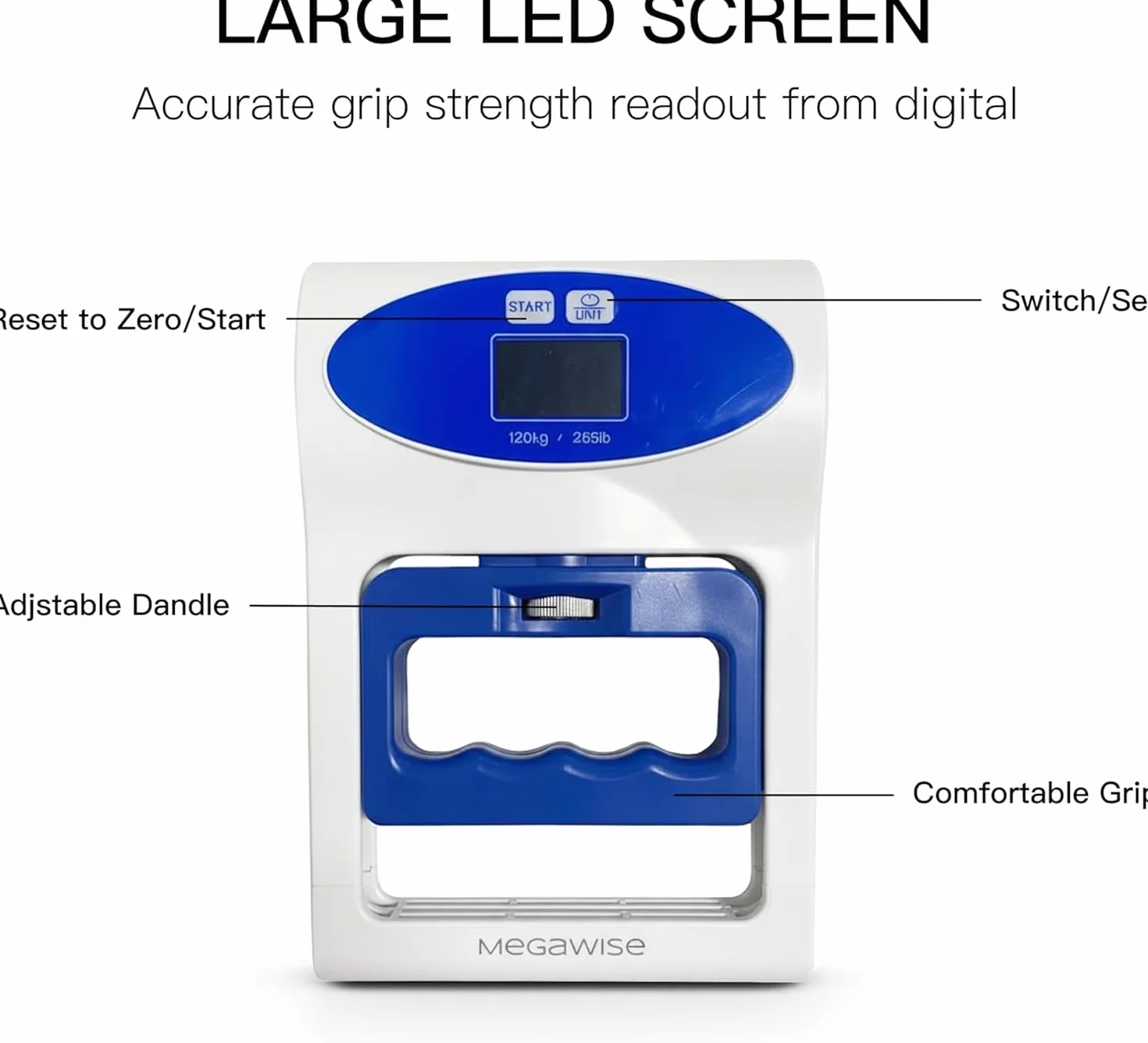 MEGAWISE Dinamómetro de fuerza de agarre digital 120 kg, probador de mano, sensor de alta precisión, pantalla LCD