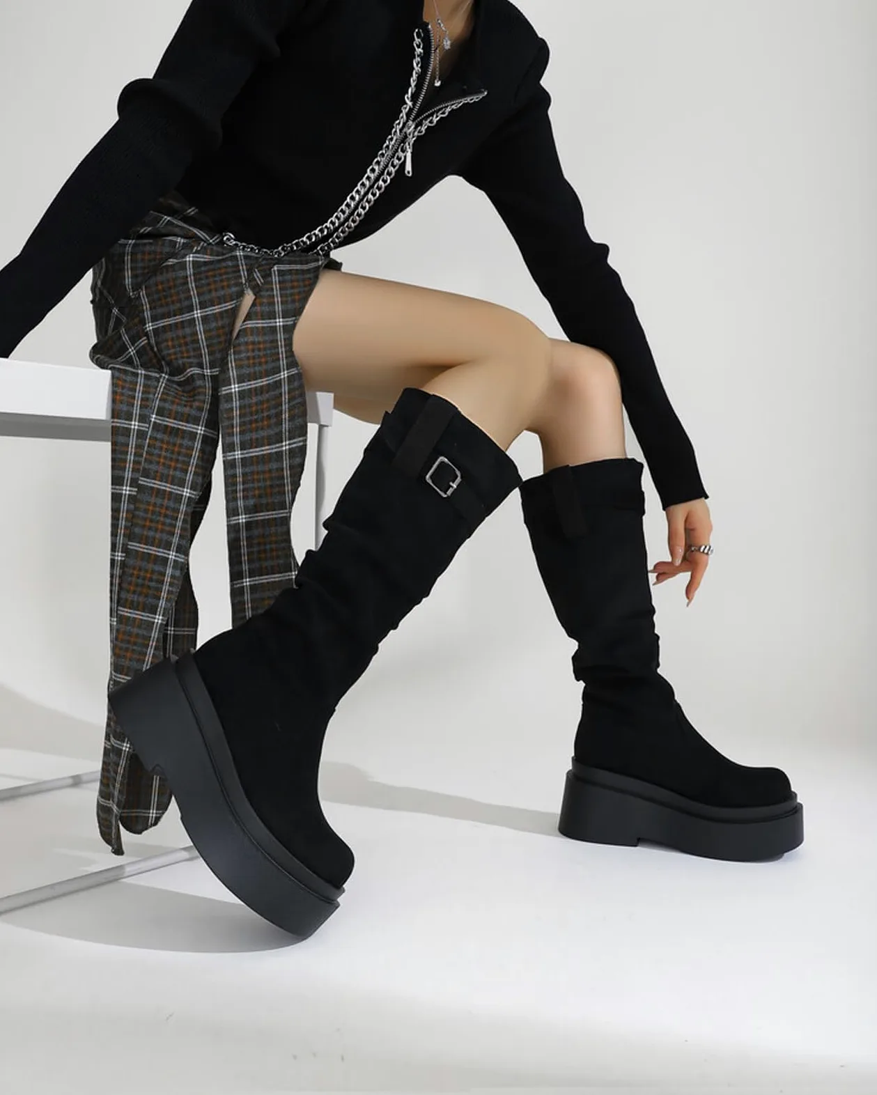 Botas Altas hasta la Rodilla con Plataforma y Punta Cuadrada para Mujer, Botas de Media Pantorrilla para otoño e Invierno, Botas Vaqueras Occidentales, Botas de Montar