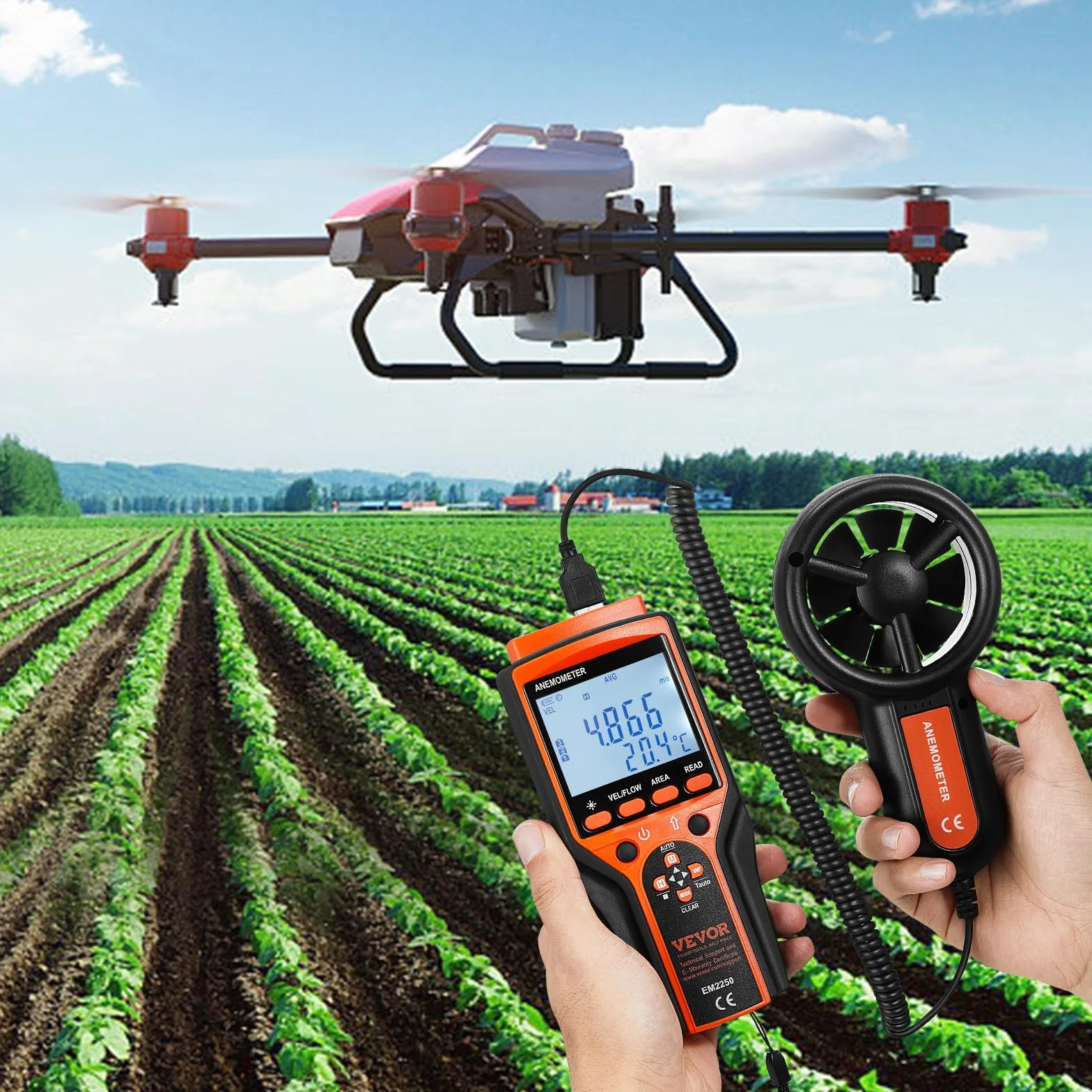 VEVOR Anemómetro Portátil Digital con Pantalla LED Medidor Velocidad Viento CFM -10~60°C para HVAC Drones Navegar