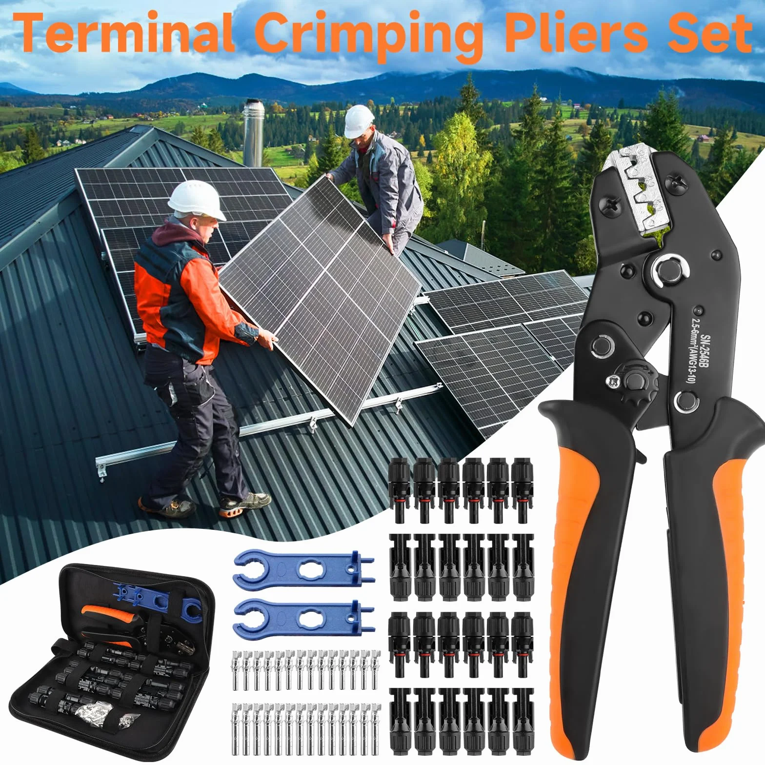 Juego de Crimpadora Solar 1 Alicates 12 Pares Conectores Macho Hembra 14 Pares Conectores Fotovoltaicos 2 Llaves Inglesas 2,5/4/6 mm²