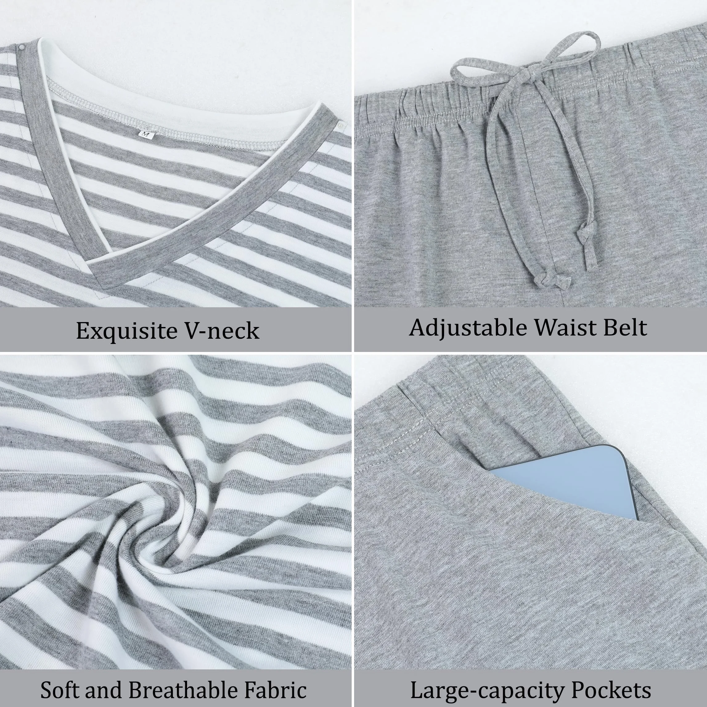 Verano Conjunto de Pijama Hombre Ropa de Dormir de Algodón Camisetas de Pijama a Rayas de Manga Corta y Pantalones Cortos para Dormir con Bolsillos