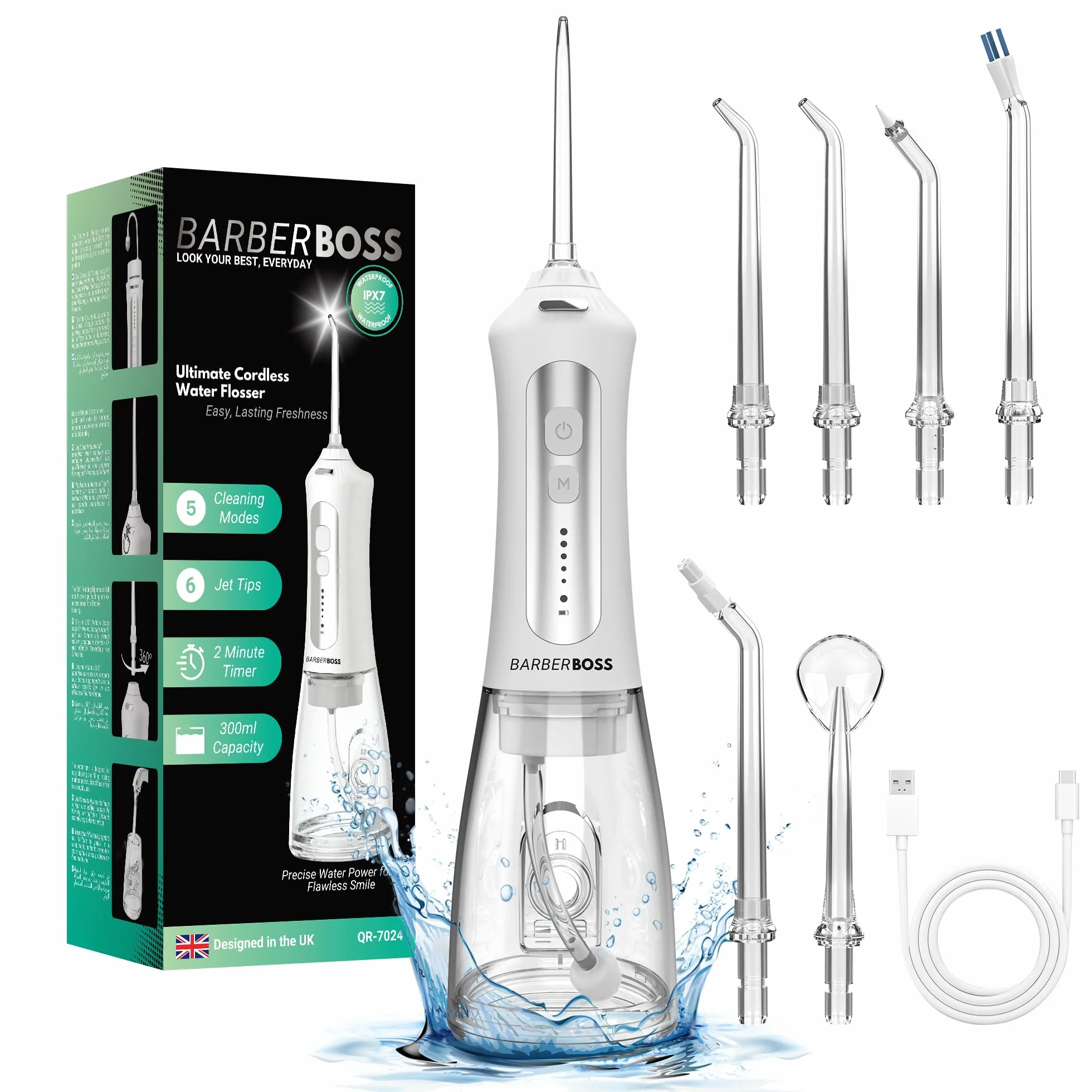 BarberBoss Irrigador Bucal Eléctrico, Limpiador de Dientes, 5 Boquillas, QR-7024 Blanco