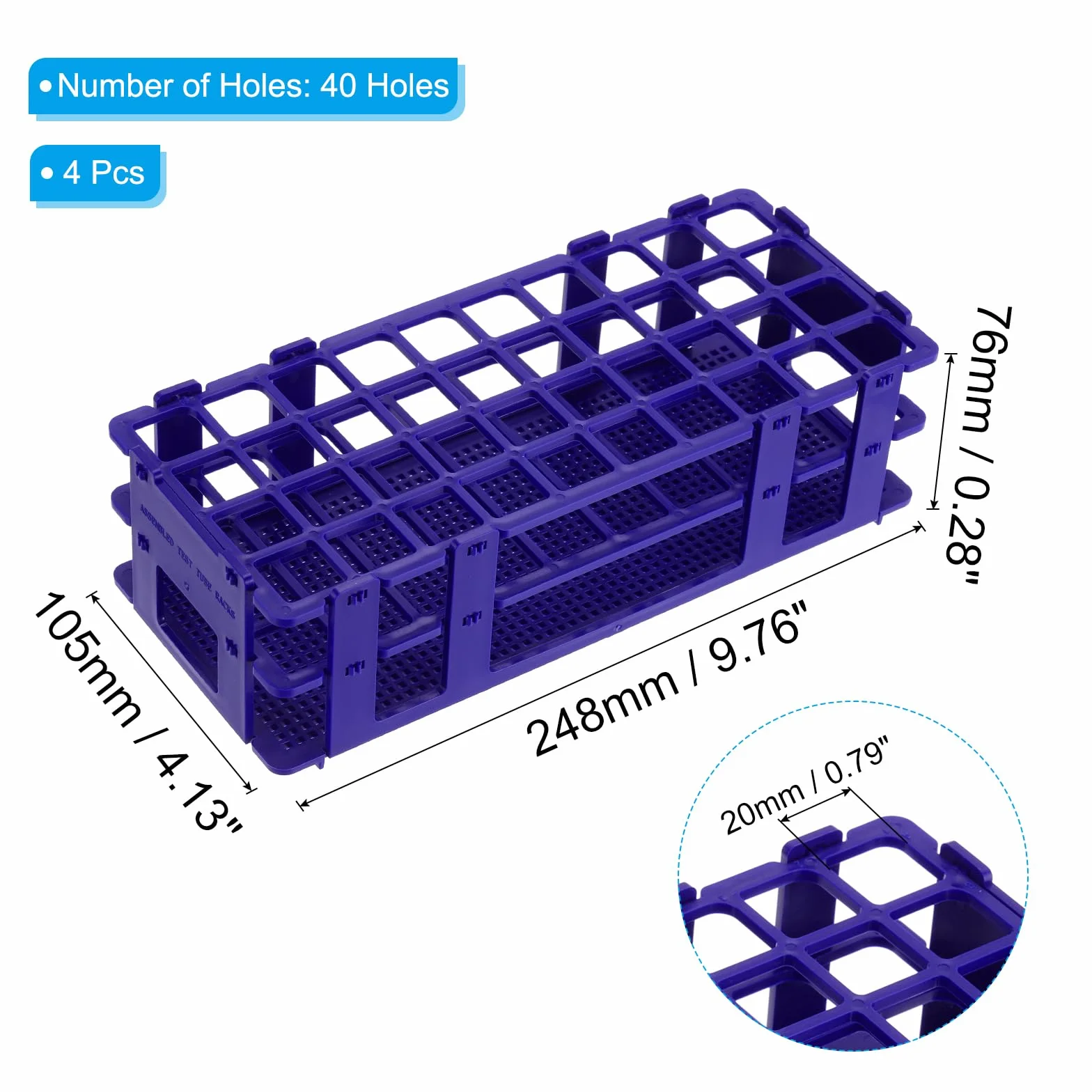 PATIKIL Soporte Para Tubos Ensayo 40 Agujeros 4 Piezas Plástico Desmontable 20 Mm Azul
