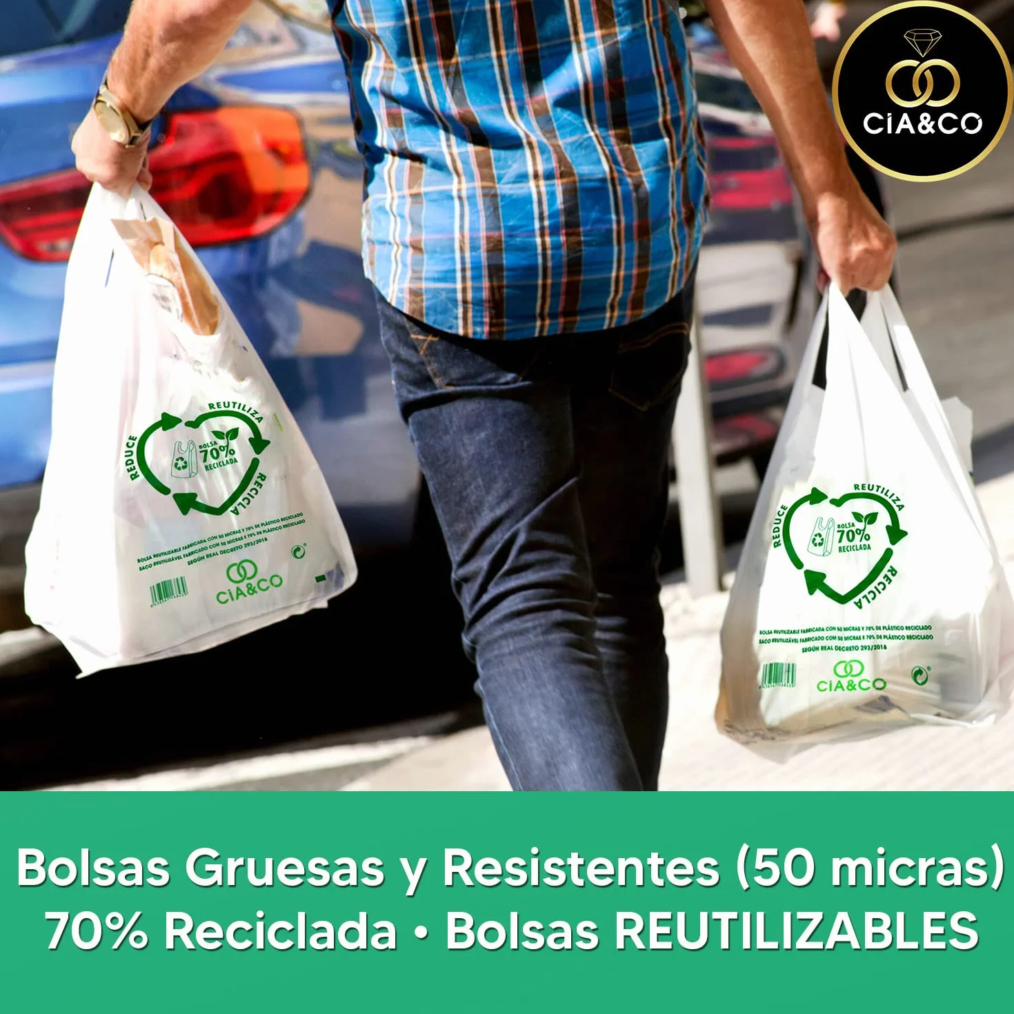 Bolsas de Plástico 70% Reciclado XXL 50x60 cm 50 Uds Aptas Uso Alimentario Galga 200 Tipo Camiseta