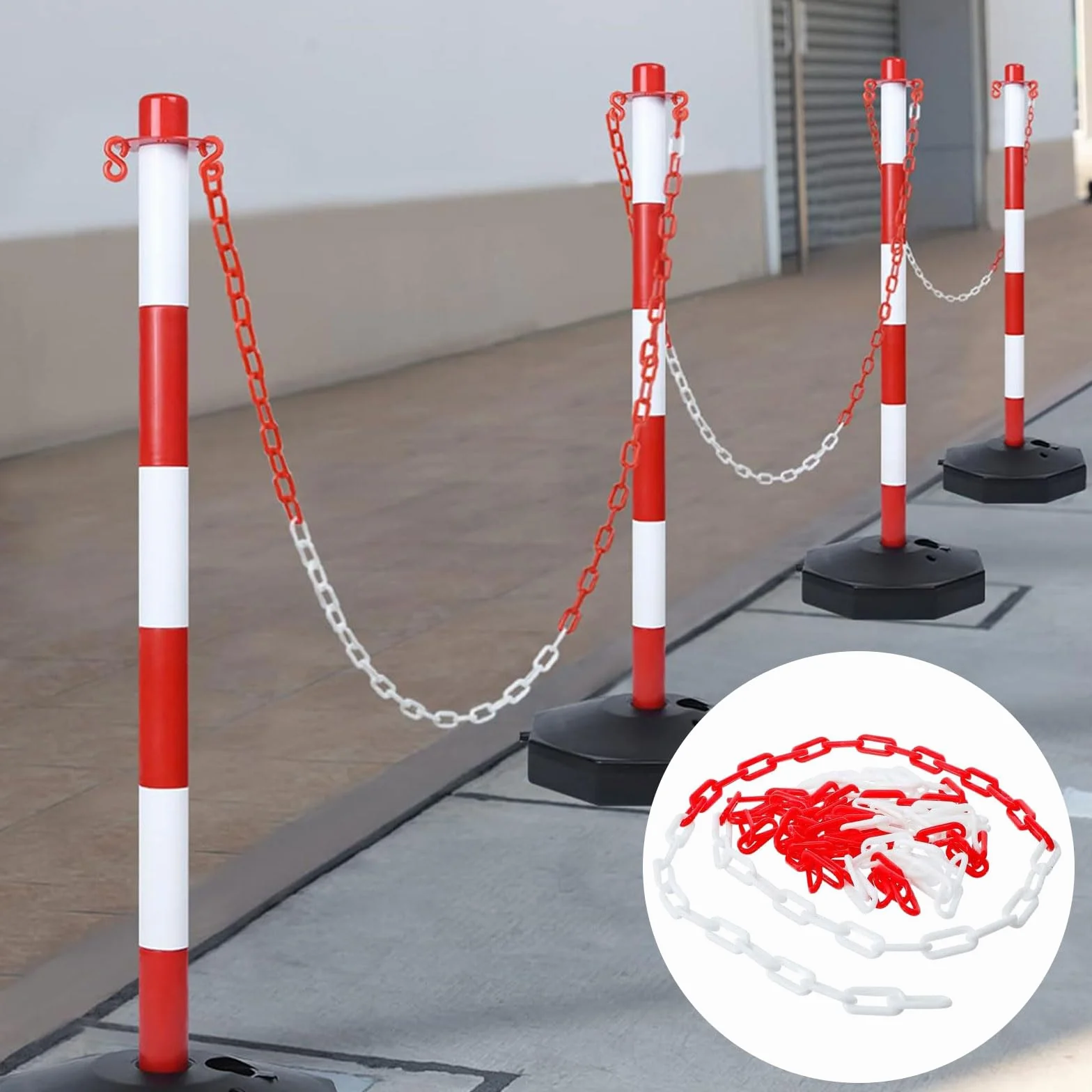 Cadena de seguridad roja y blanca 25 m 6 mm plástico con 4 mosquetones