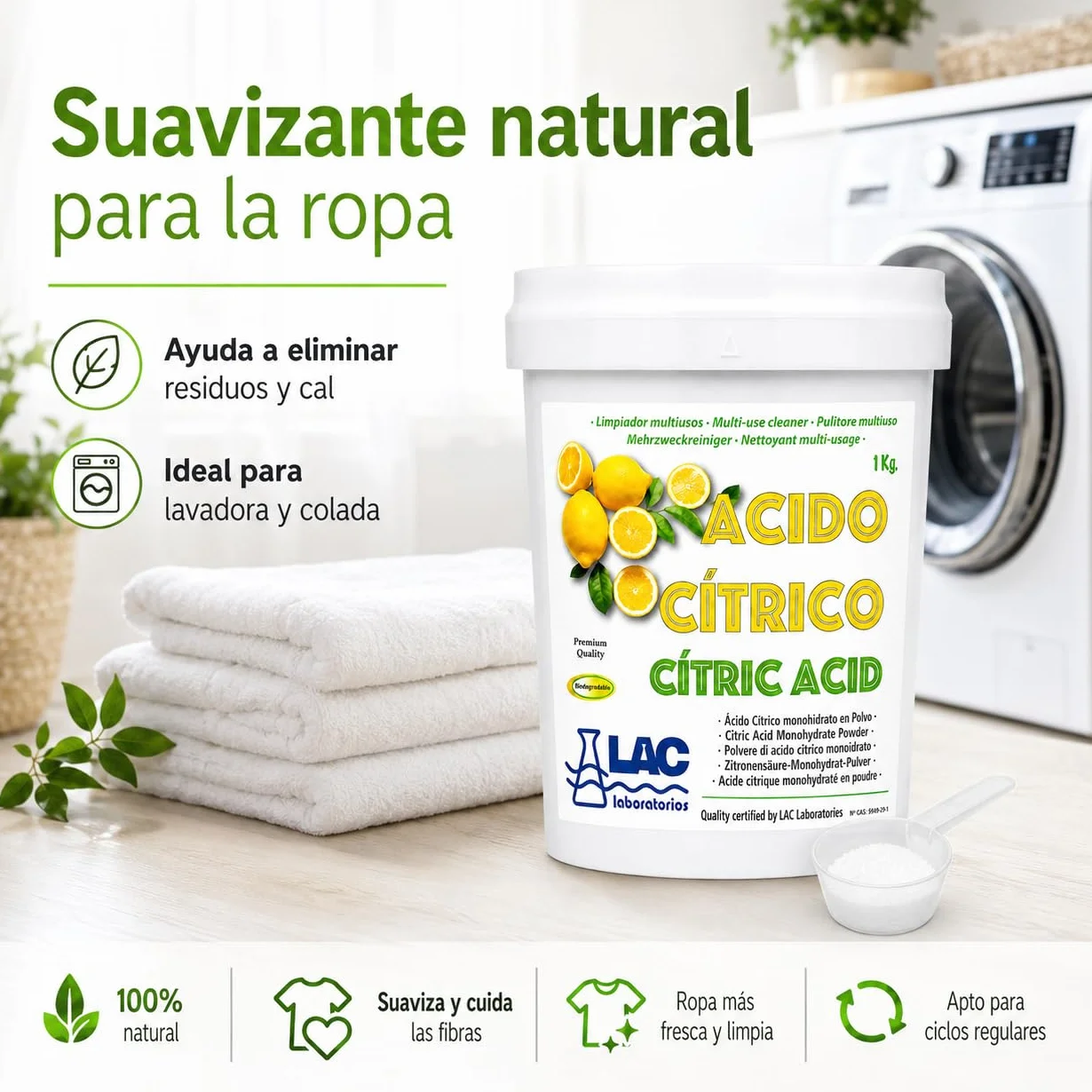 Ácido Cítrico anhidro natural 100% puro 1 kg laboratorios LAC