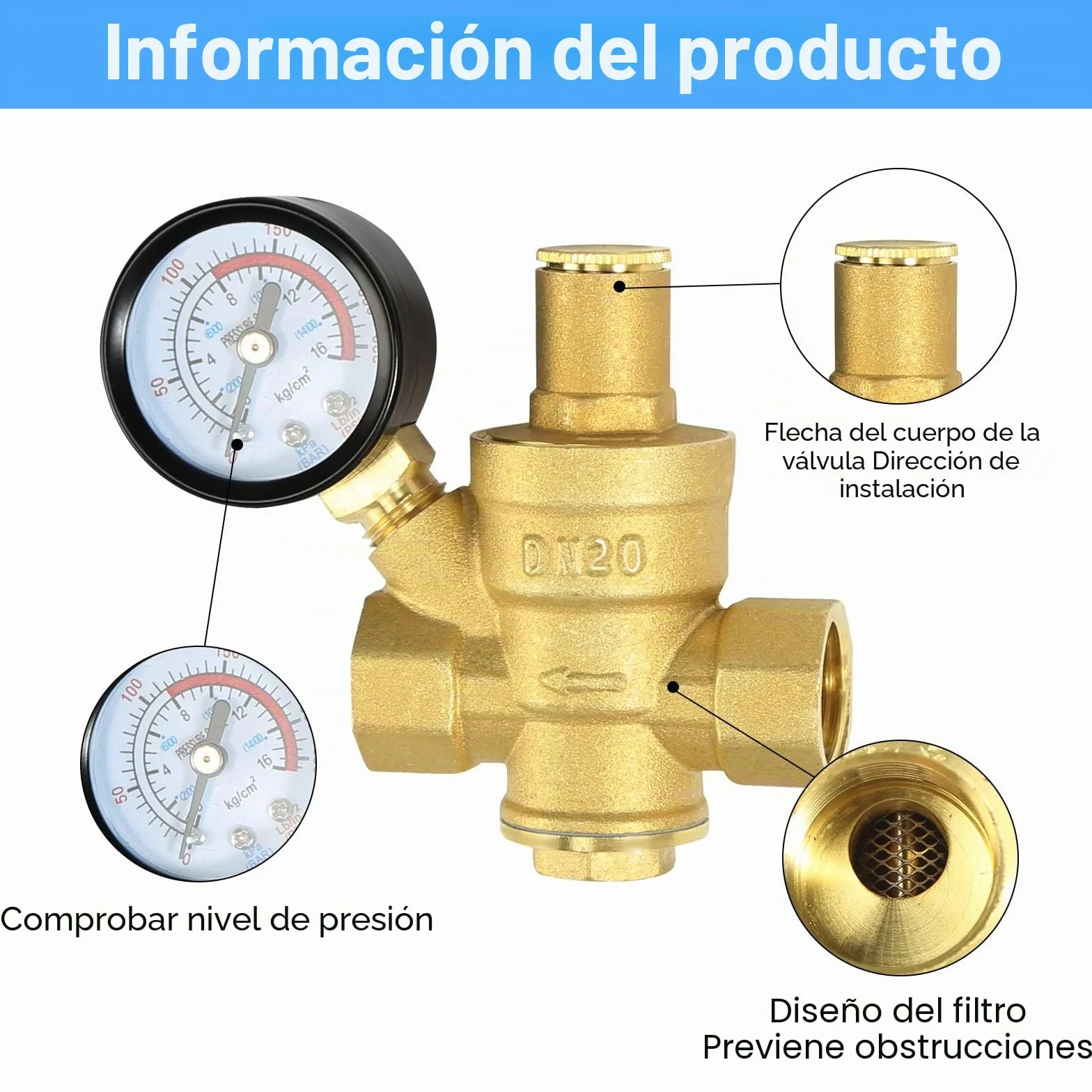 Regulador de Presión Agua DN20 3/4 Pulgada Latón Válvula Reductora
