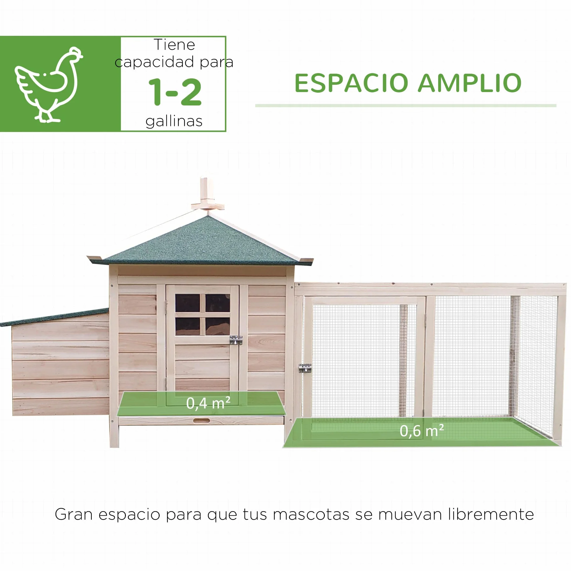 PawHut Gallinero de Madera de Pino para Exterior con Caja Nido 196x76x97 cm