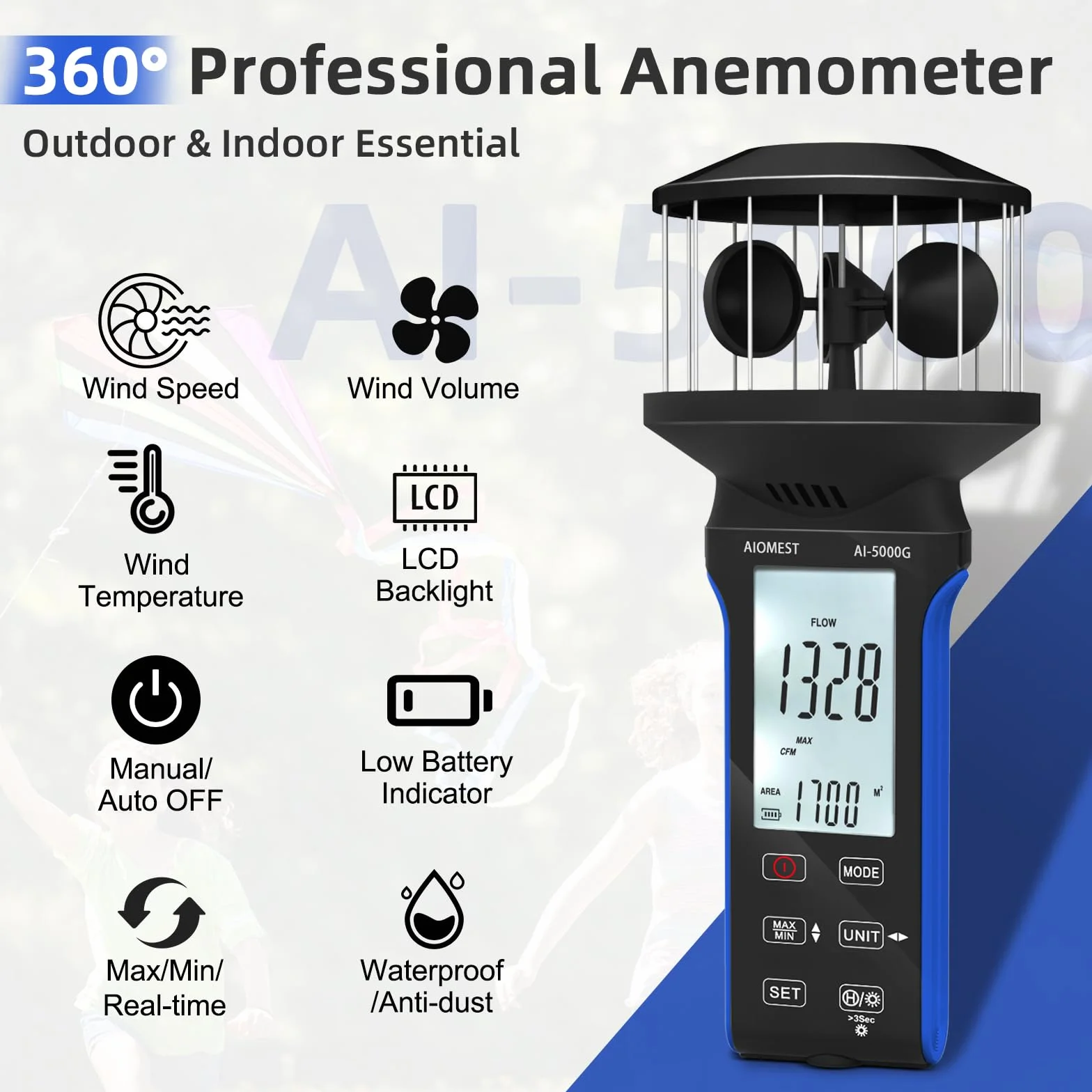 Anemómetro Digital Medidor de Caudal de Aire, AIOMEST Mano Sensor Viento 360°, m³/min