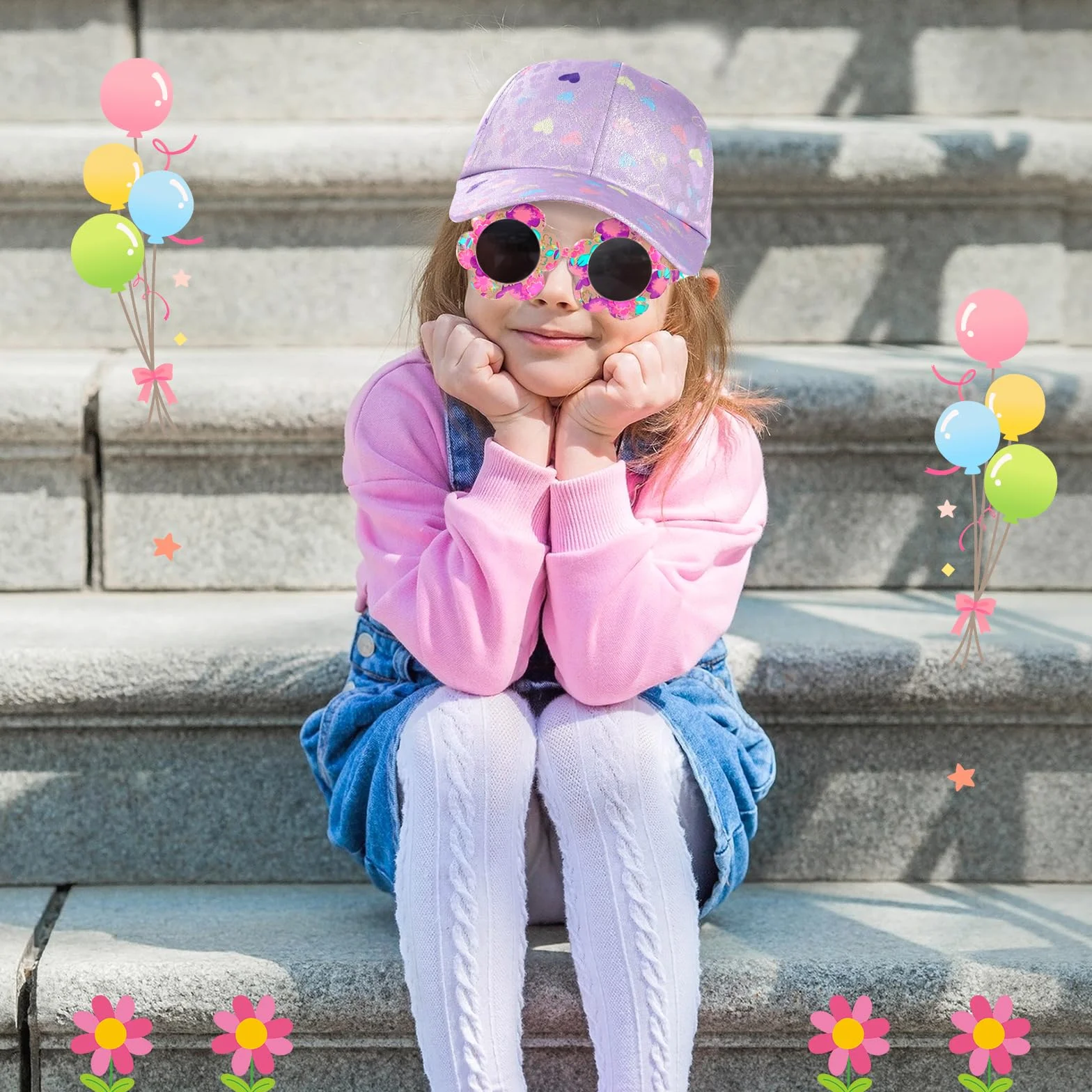 Gorra de Béisbol para Niñas, Gafas de Sol de Flor Linda Gorra Béisbol Ajustables Transpirable Gorra de Verano para Deporte Vacaciones Playa