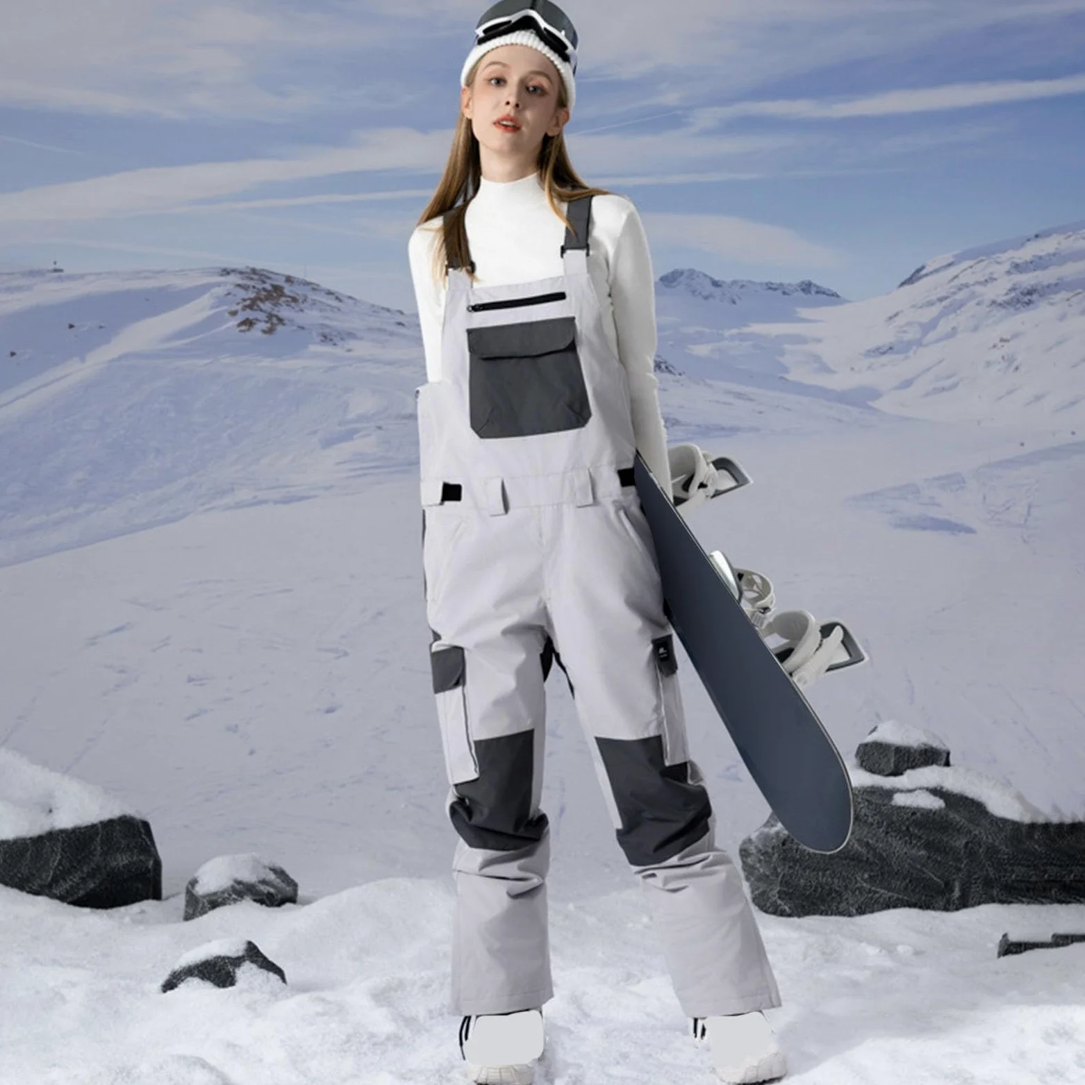 Traje de esquí para mujer, pantalones de nieve de color de contraste, overoles de snowboard, pantalones de esquí, resistentes al viento, impermeables, térmicos, cómodos, a prueba de nieve, pantalones