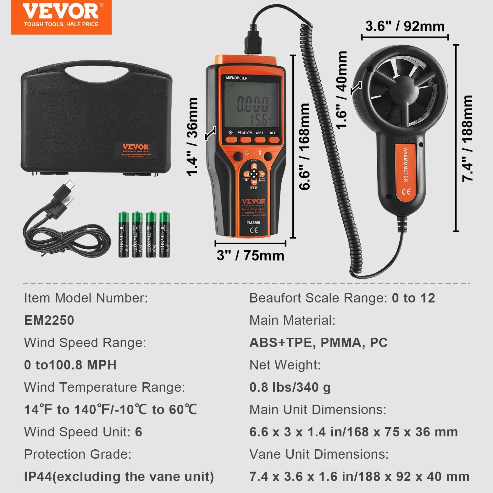 VEVOR Anemómetro Portátil Digital con Pantalla LED Medidor Velocidad Viento CFM -10~60°C para HVAC Drones Navegar