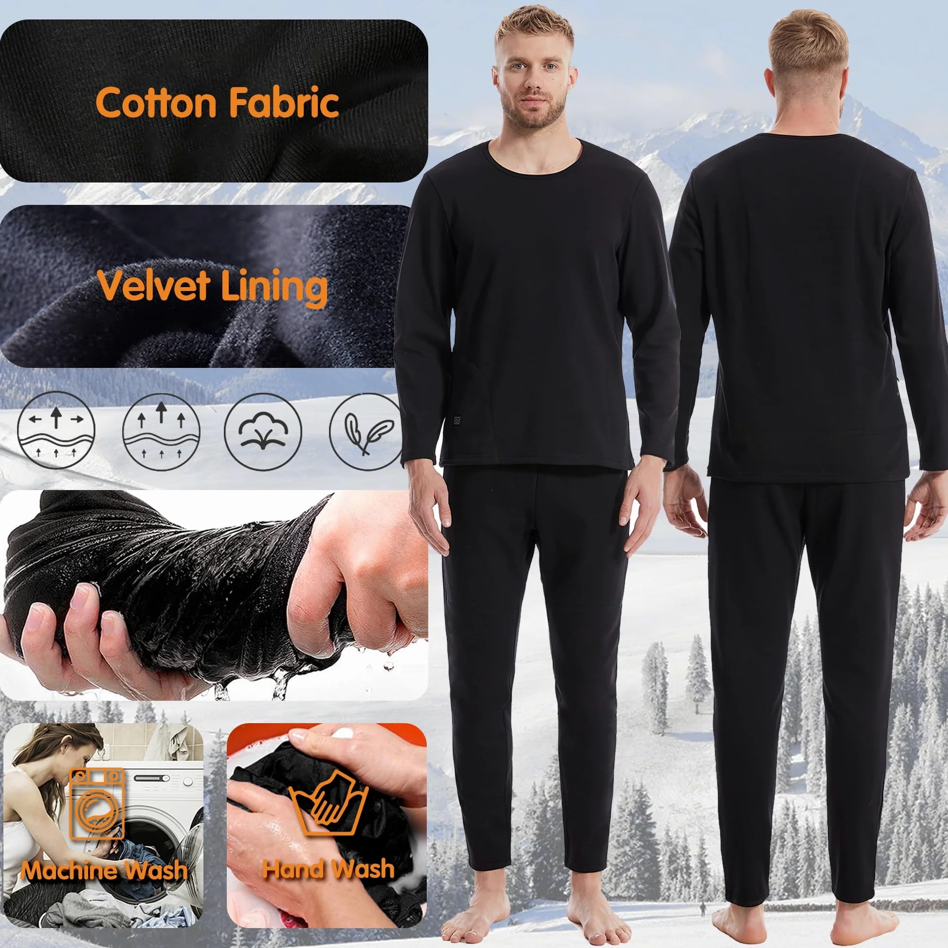 Ropa Interior de calefacción para Hombres, Recargable calentado Largo John Conjunto Forrado Polar Caza térmica Camiseta y pantalón