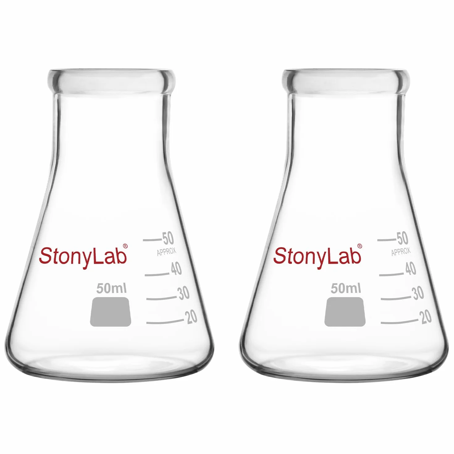 Erlenmeyer Matraces, Paquete de 2 50 ml Boca Estrecha Vidrio de Borosilicato Laboratorio