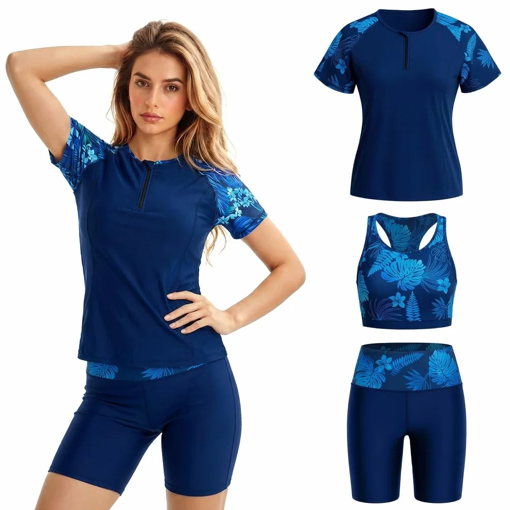 Owntop Conjunto de 3 piezas para mujer con camiseta de manga corta y bañador de secado rápido con protección UV para playa, natación, deportes acuáticos