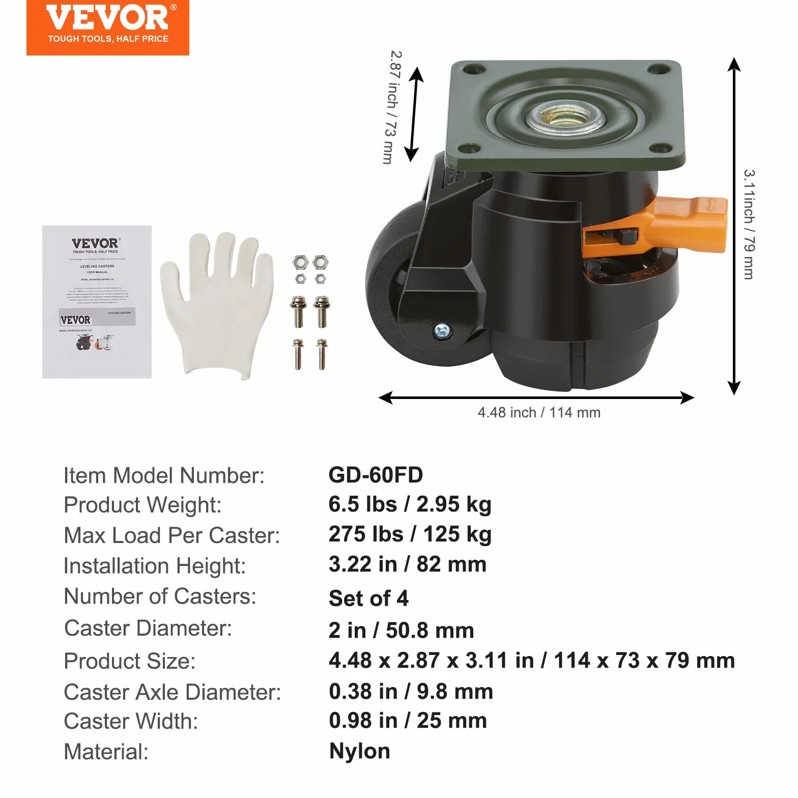 VEVOR Ruedas Niveladoras 4 Piezas 50,8 mm Carga 500 kg Giratorias 360° Ajustables