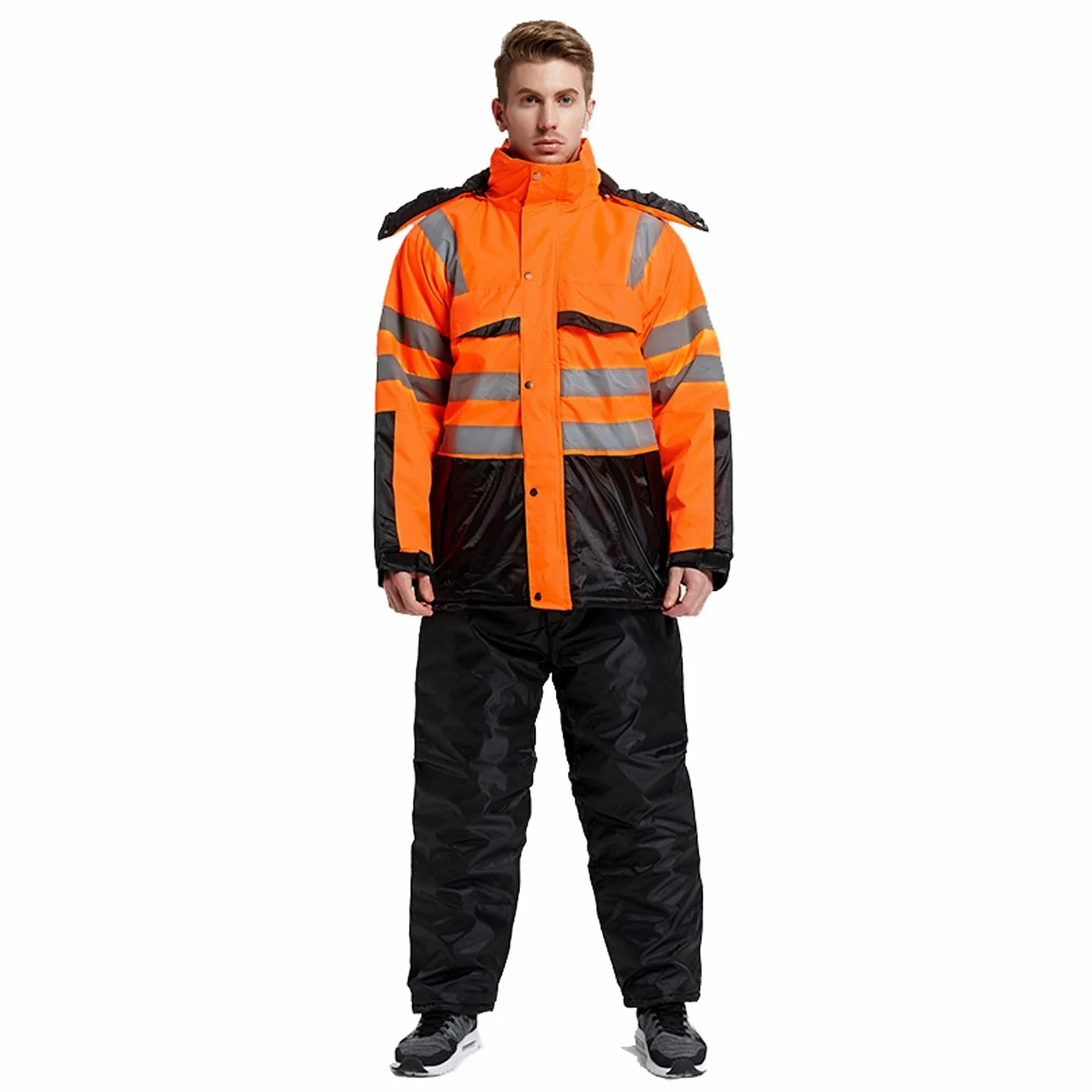 Chaqueta reflectante de algodón grueso for invierno, ropa trabajo con capucha alta visibilidad for clima frío, abrigo seguridad cálido