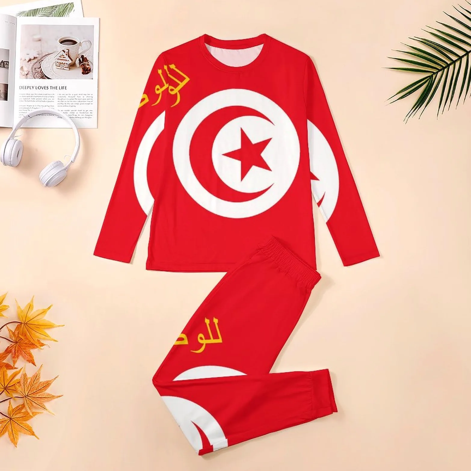 Flag of Tunisia - Conjunto de pijama para hombre, cuello redondo, ropa de dormir larga, 2 piezas
