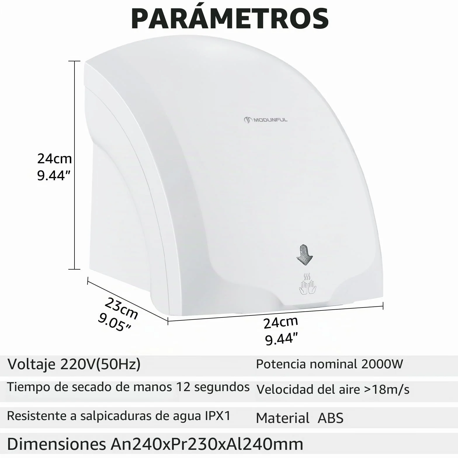 Secamanos Automático de Pared 220V 2000W Blanco con Luz Piloto
