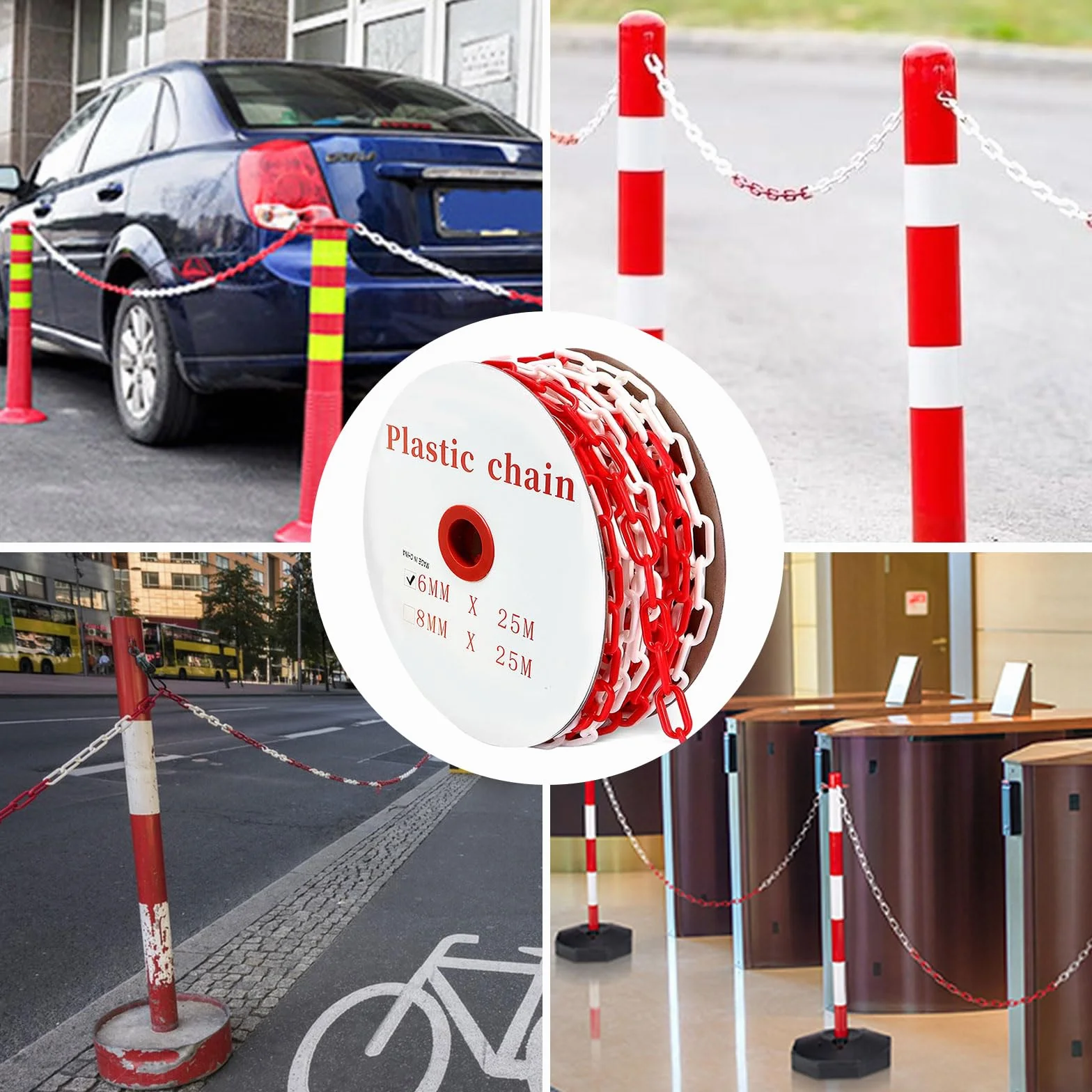 Cadena de seguridad roja y blanca 25 m 6 mm plástico con 4 mosquetones
