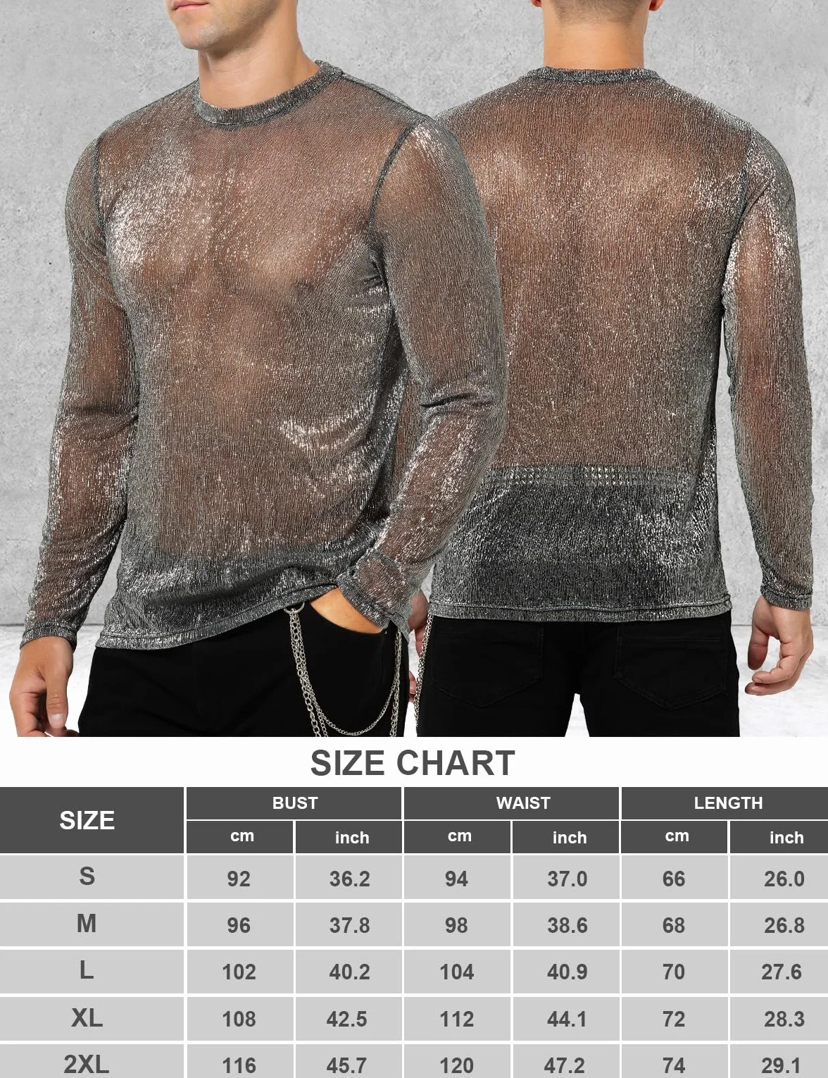 Casey Kevin Camiseta Transparentes Manga Larga Hombre Brillo Lentejuelas Rejilla Camisa Fiesta Plateada Brillante Ropa Sexy Top Fiesta Discoteca Punk Nocturno Jazz Rock Hip Hop Dance Clubwear