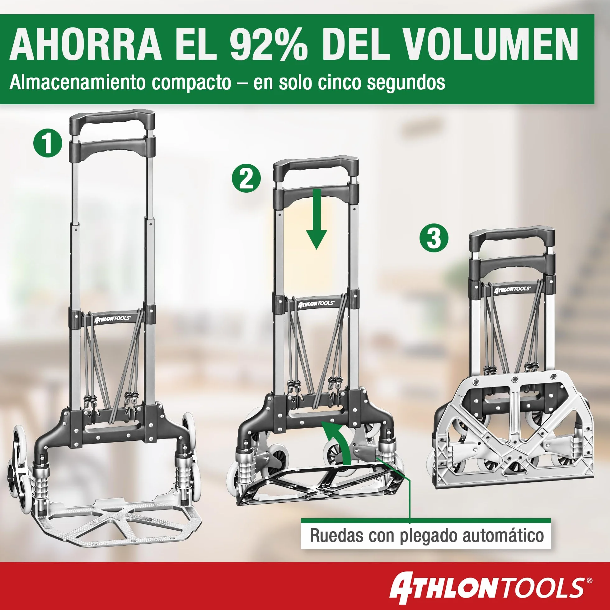 ATHLON TOOLS Carretilla Plegable de Aluminio, TÜV GS-Certificado, Mango 110 cm, Almohadillas Antideslizantes, Modelo 2025