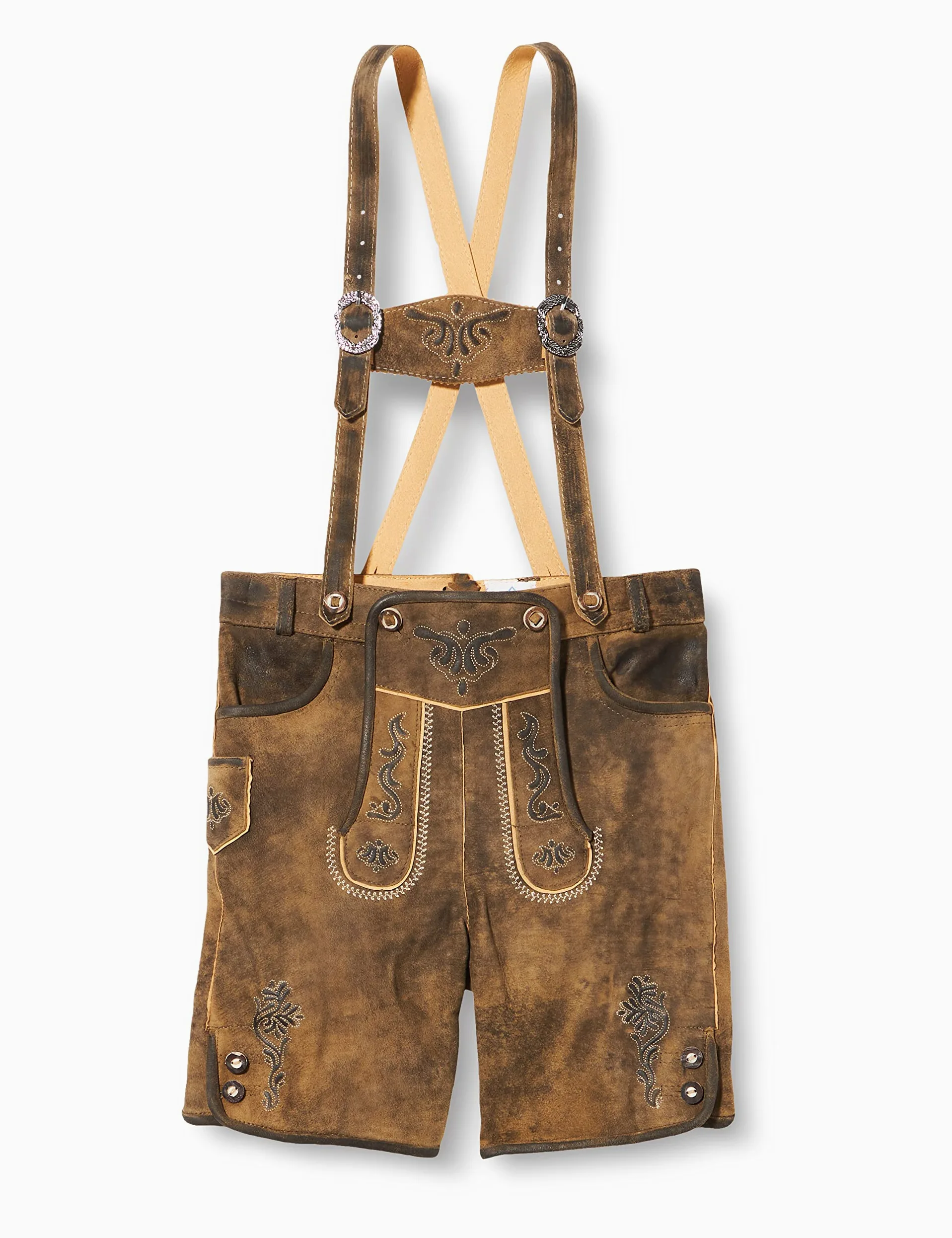 Isar-Trachten Pantalones cortos de piel para niños de roble marrón bordado, roble (marrón) con tirantes, Madera de roble con tirantes. 146 cm