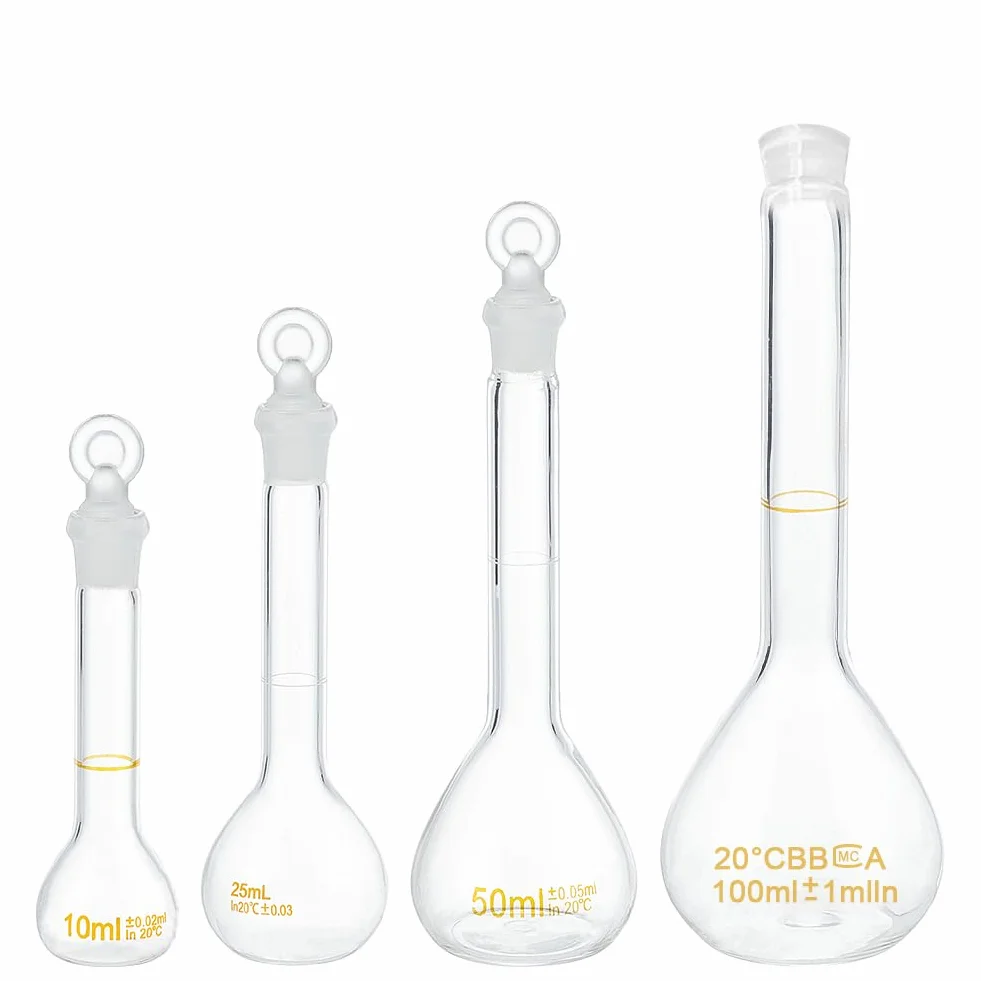 OLYCRAFT Lote de 4 frascos aforados 10 ml 25 ml 50 ml 100 ml con tapón de cristal vidrio laboratorio