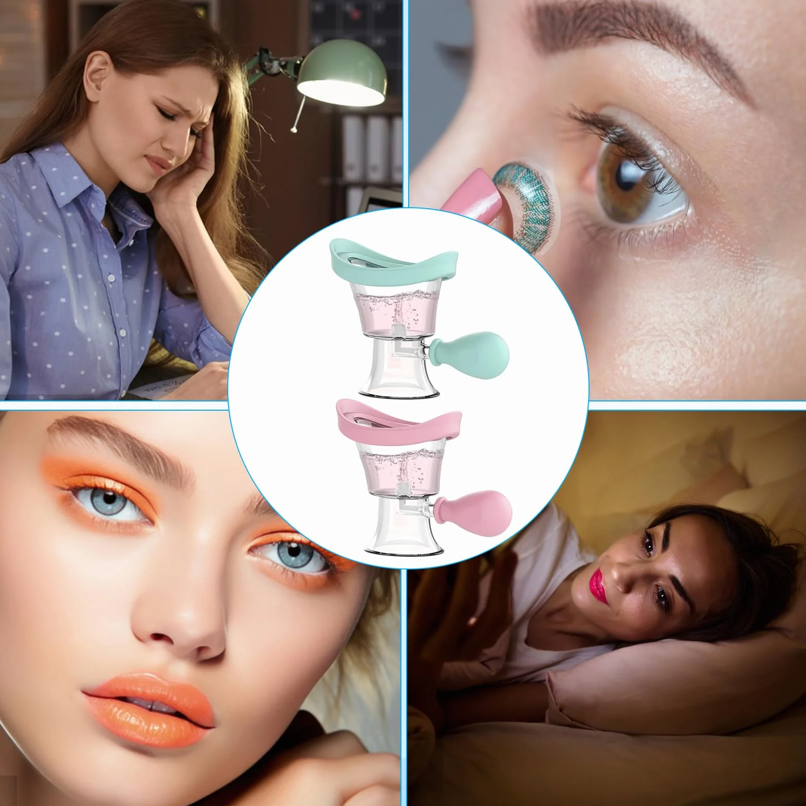 Tazas de Ojos Reutilizables Portátiles, Vasos Lavaojos de Silicona, Baño Lavaojos Manual Presión de Aire, (Azul, Rosa)