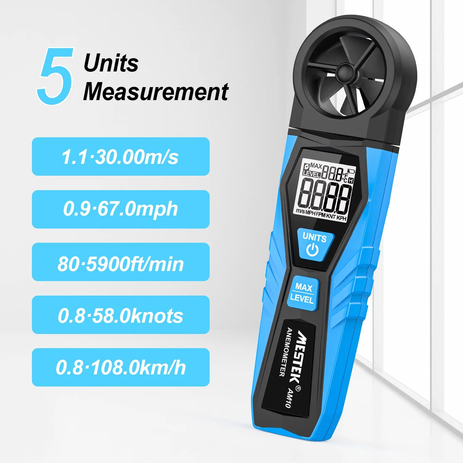 MESTEK Anemómetro Digital Portátil Medidor de Velocidad del Viento con Pantalla LCD Retroiluminación