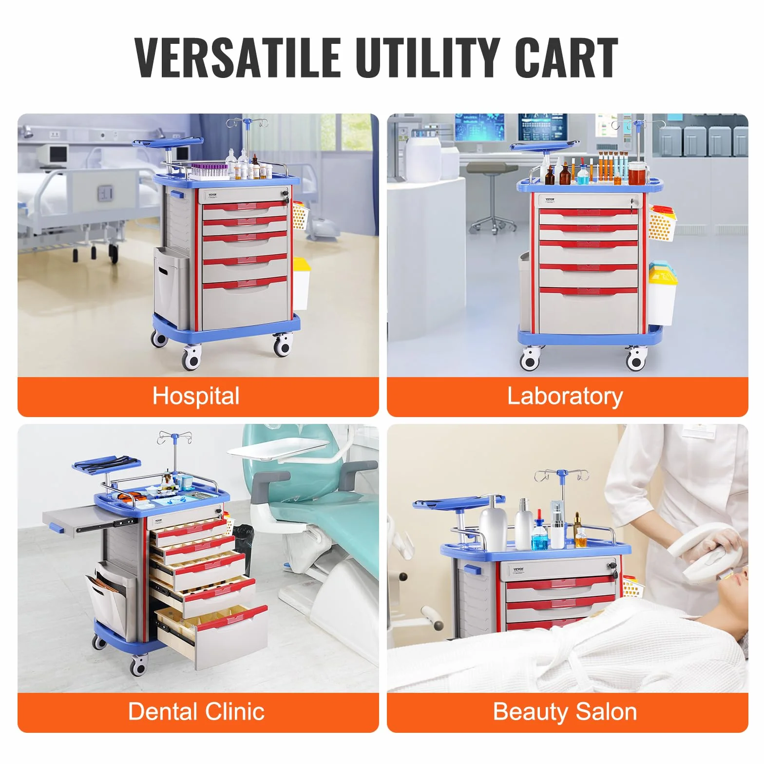 VEVOR Carro de Laboratorio de 5 Niveles Médico con 5 Cajones y 4 Ruedas Silenciosas Móvil PP Azul