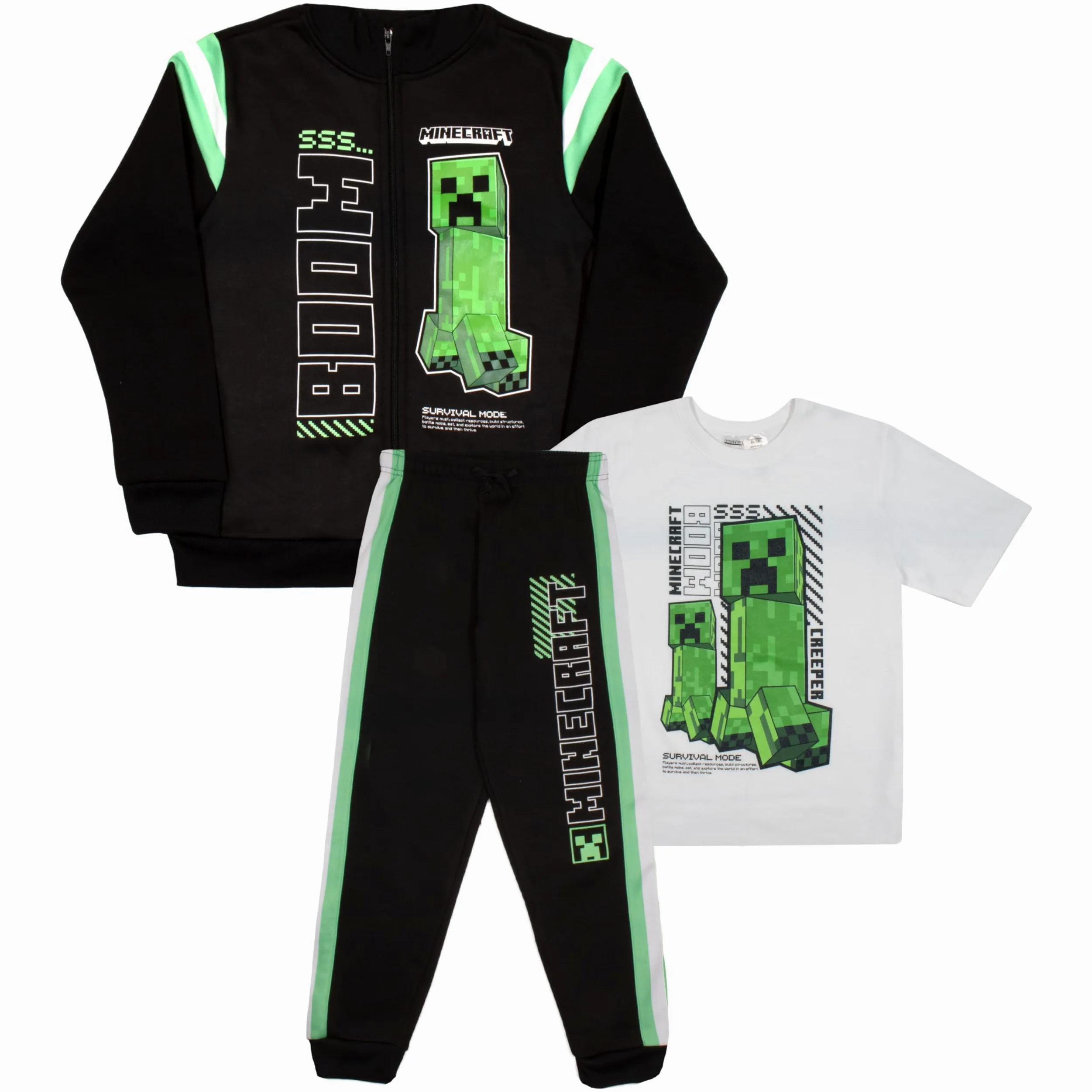 Minecraft Creeper - Conjunto de pantalones de 3 piezas para niños, conjunto de chándal con cremallera, camiseta de manga corta y pantalones deportivos activos