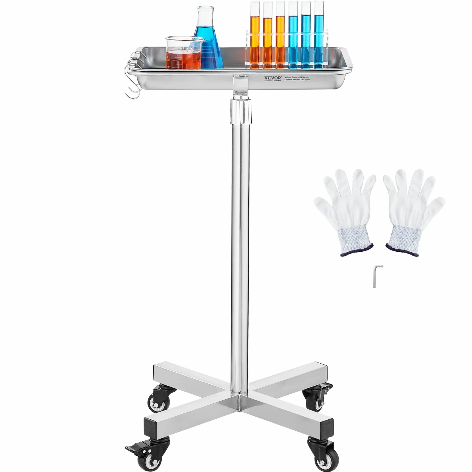 VEVOR Carro de Laboratorio Acero Inoxidable 16 kg Altura Ajustable 84-132,5 cm Bandeja Médica Extraíble