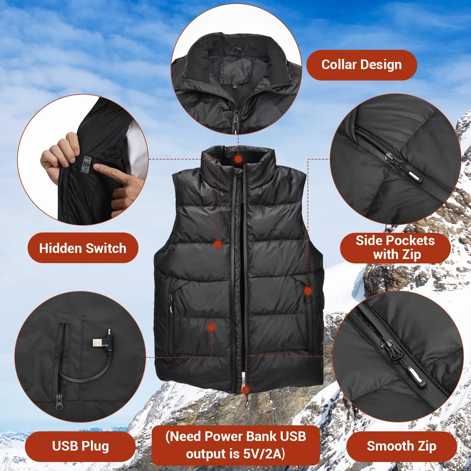 Chaleco Calefactable, Temperatura de 3 Niveles con 15 Zonas de Calefacción, Chaleco Calefactable de Plumón, Carga USB, Chaqueta Térmica Lavable para Uso Exterior (Batería Excluida)