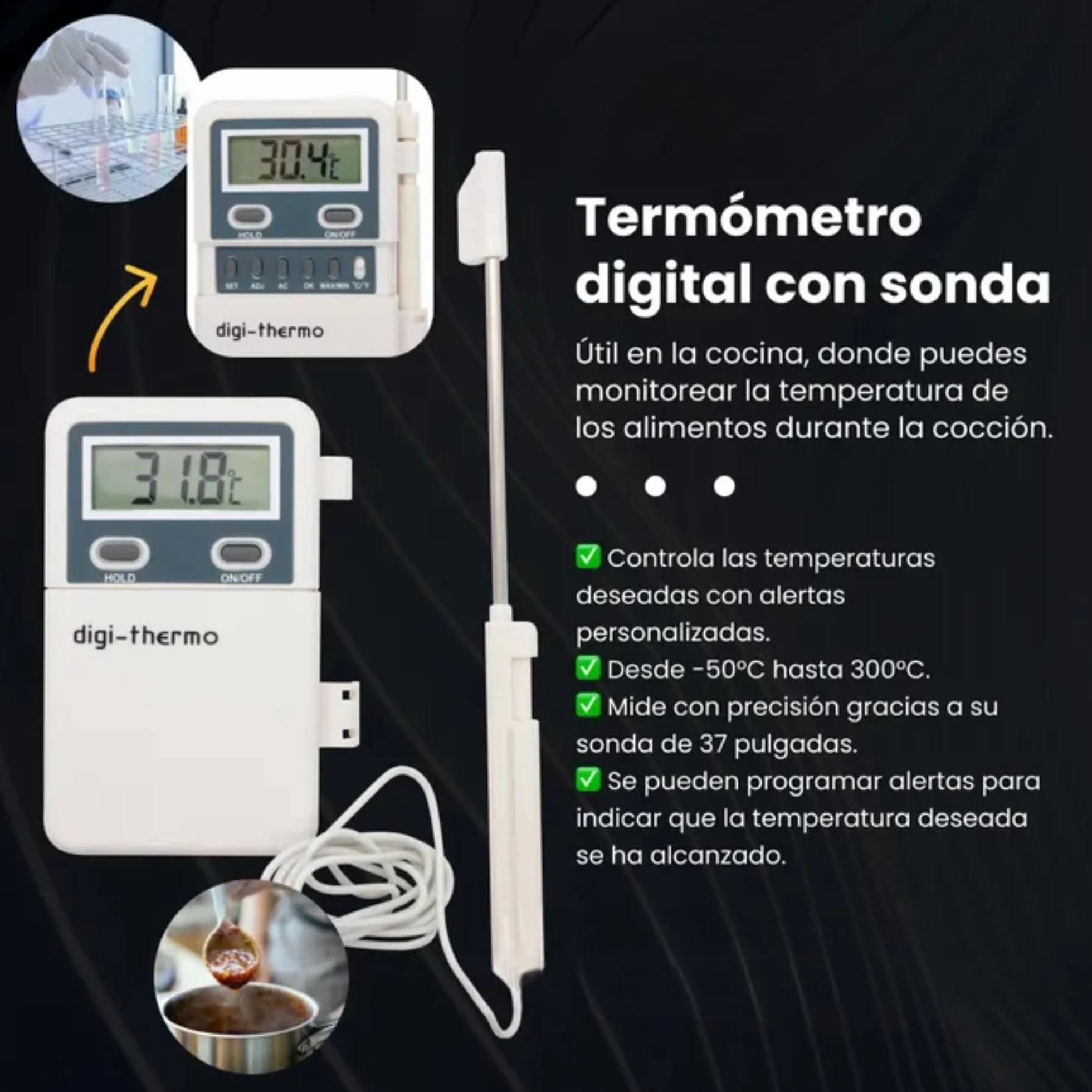 Termómetro digital de mano con sonda, 50° a +300°C, 3V DC (AAA), para climatización y cocina