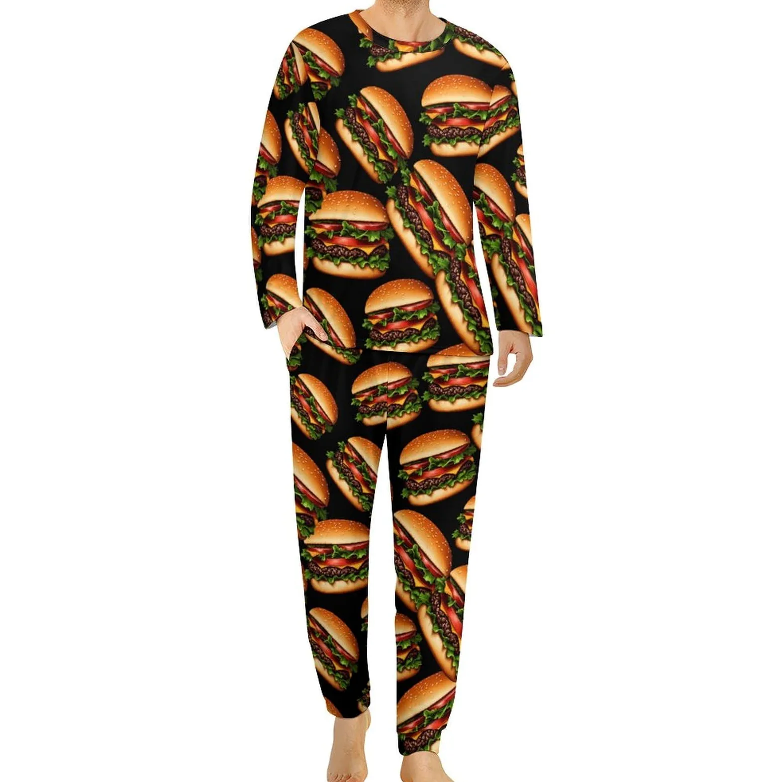 Hamburger - Conjunto de pijama para hombre, cuello redondo, ropa de dormir larga, 2 piezas